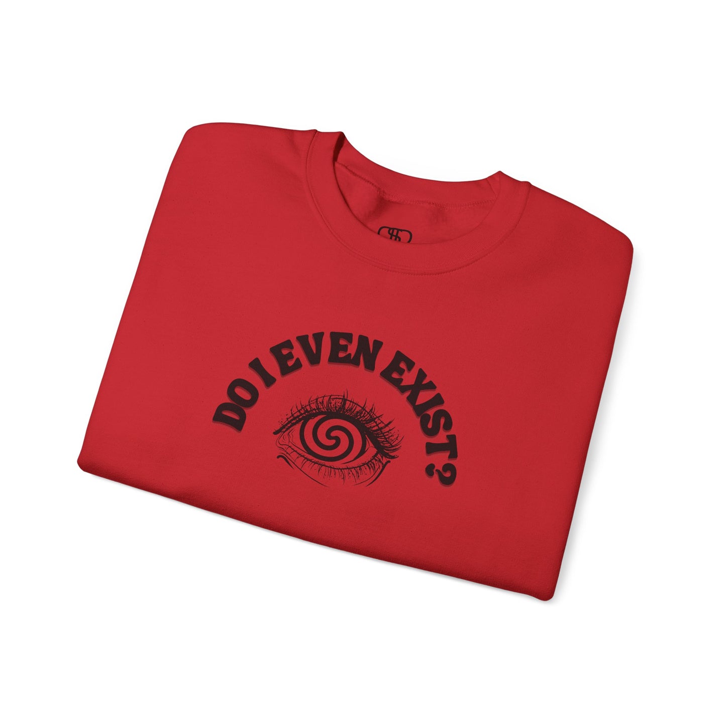 A red sweatshirt with a graphic print of a detailed, realistic eye that contains an optical illusion of a spiral. The text "Do I even Exist?" is printed above the eye in a clean font.