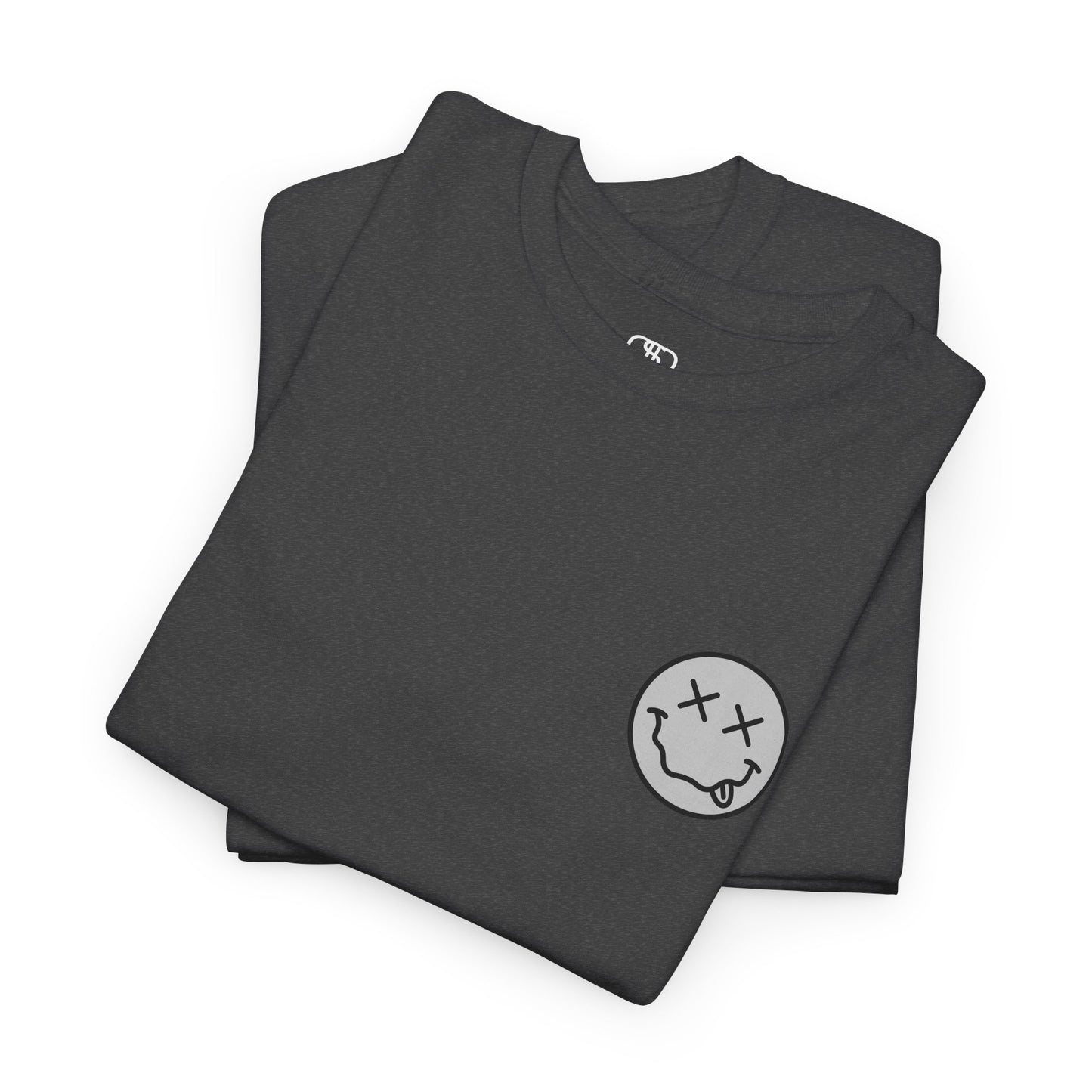 A folded heather gray t-shirt with a smiley face emoji on the front and the phrase “Everything Hurts and I am Hungry” in a retro font on the back.