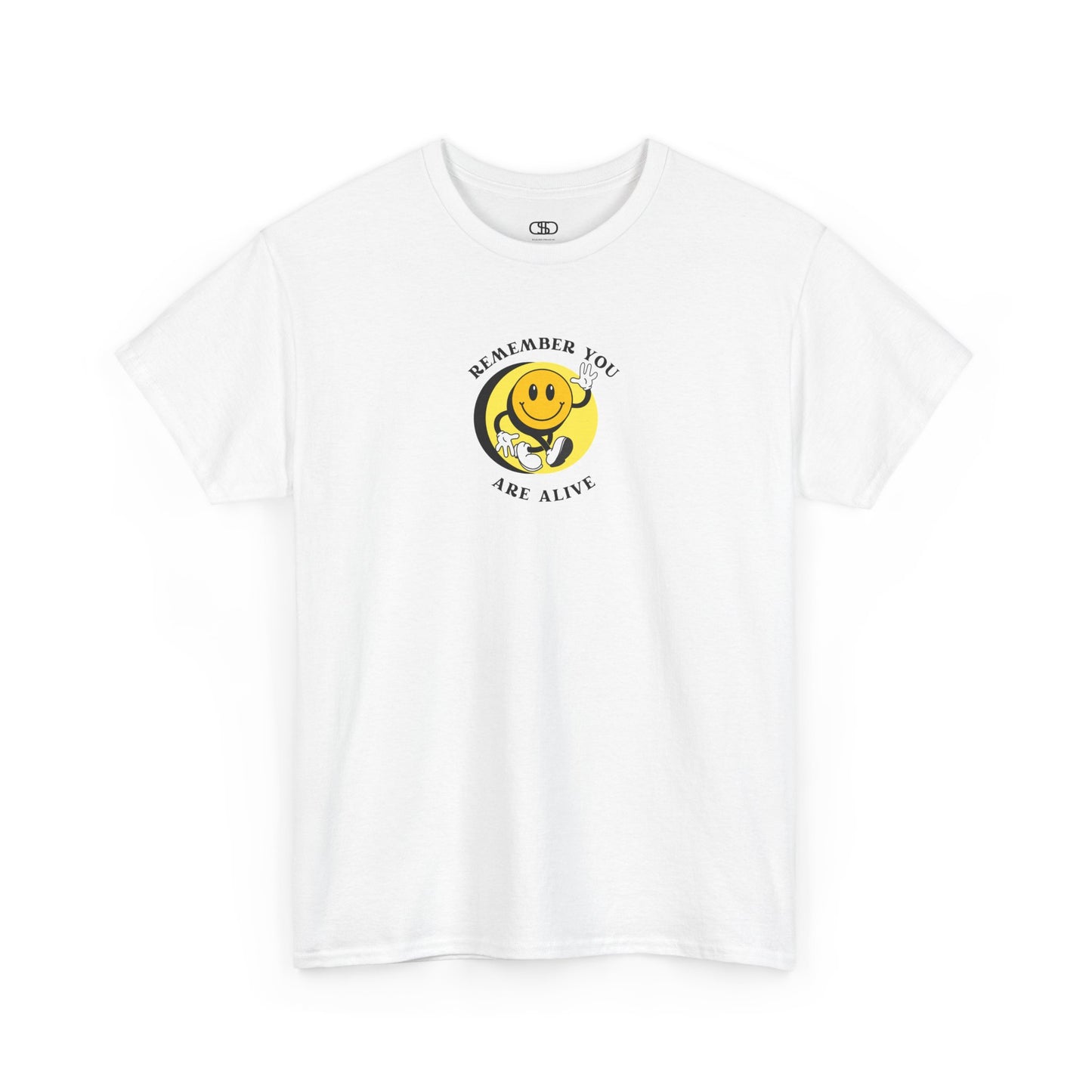 White Front of a t-shirt showing a smiling waving emoji with curved text "Remember You Are Alive." The back shows a vibrant, smiling sunflower with the words "Make the Best Out of Everyday."