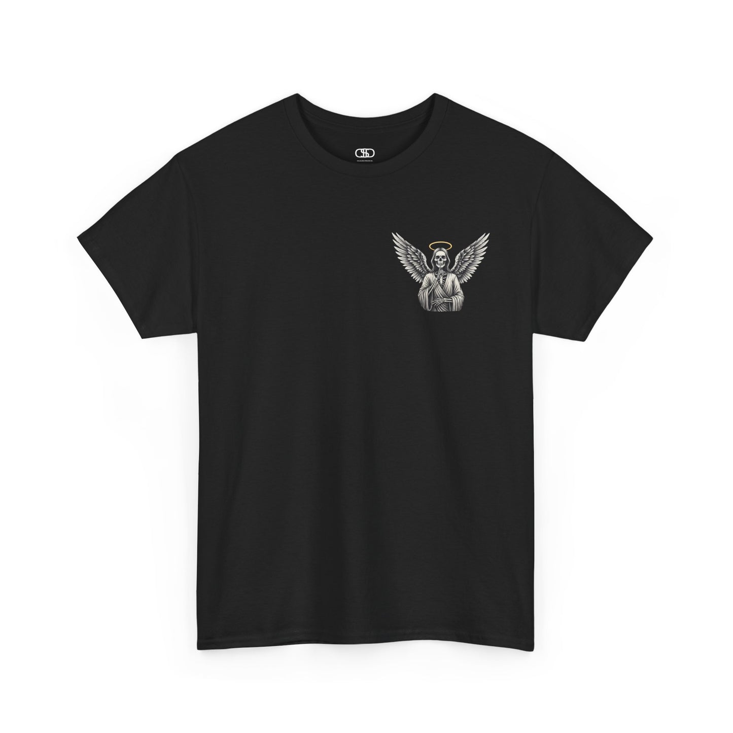 A black t-shirt with a skeleton angel on the front and the phrase “Shh. No one Cares” on the back.