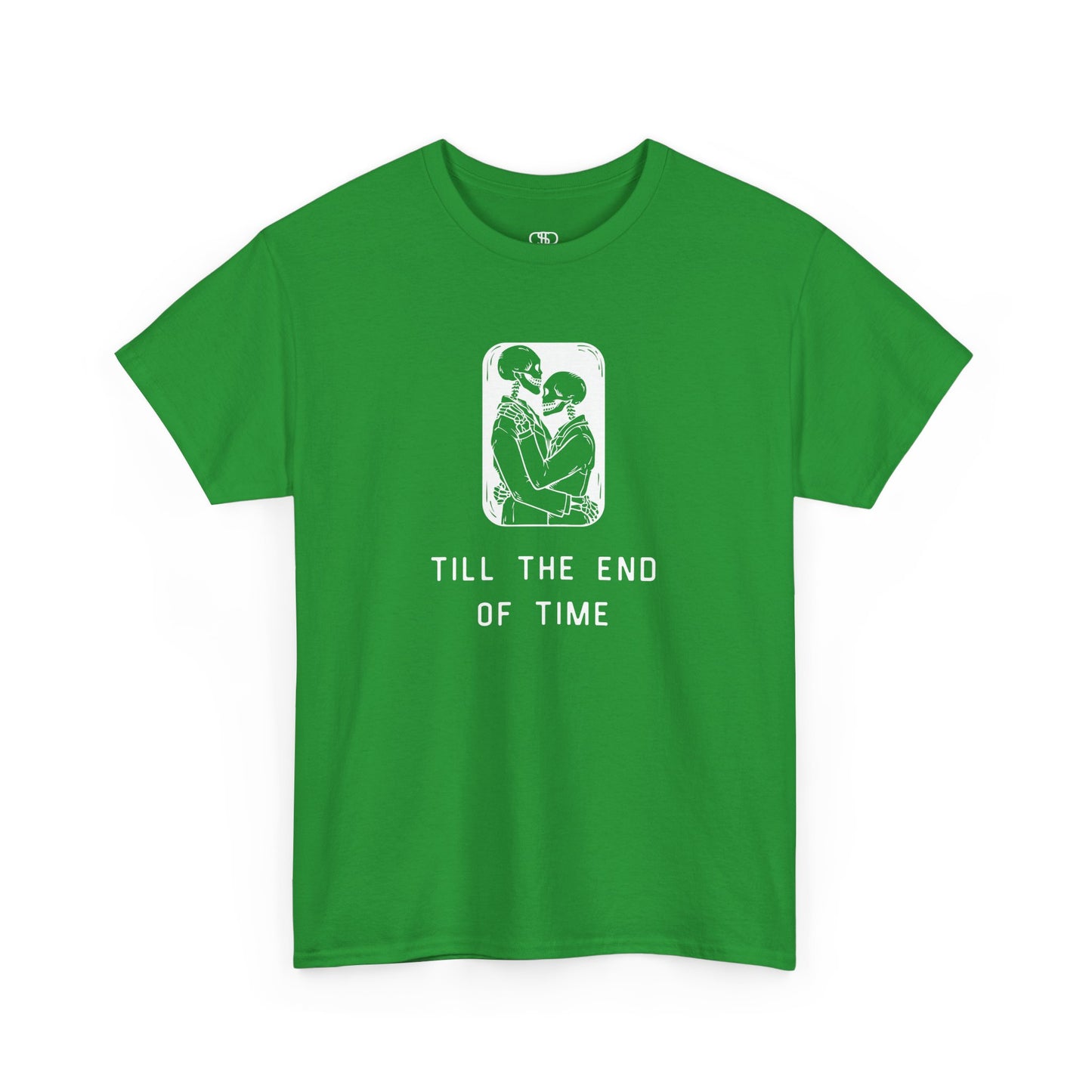 A t-shirt featuring a detailed print of two skeletons embracing in a hug with the text 'till the end of time' below them.