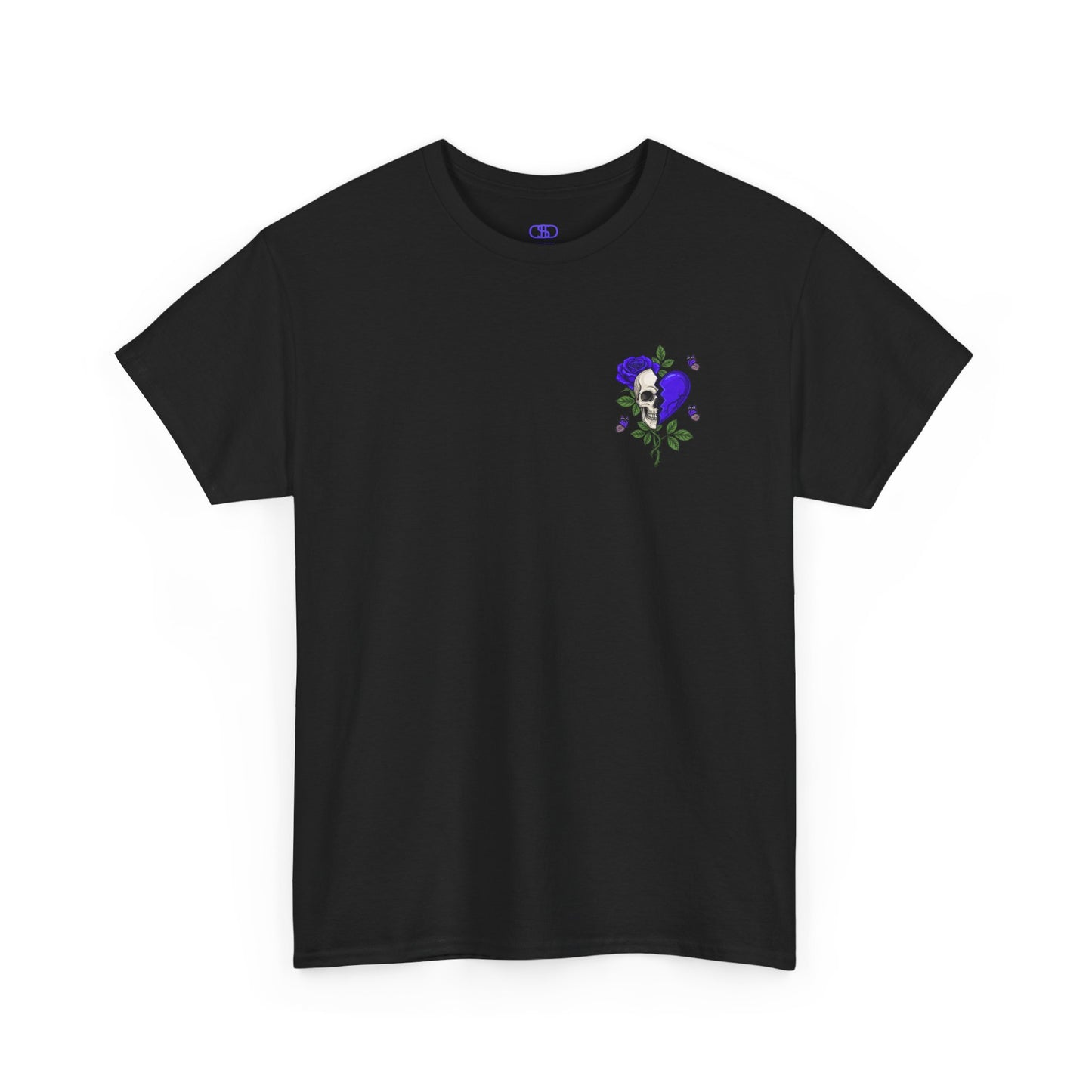 A black t-shirt with a front design of a half skull, half broken purple heart, and a rose. The back reads "Gym Heals" along with a similar design found on the front.