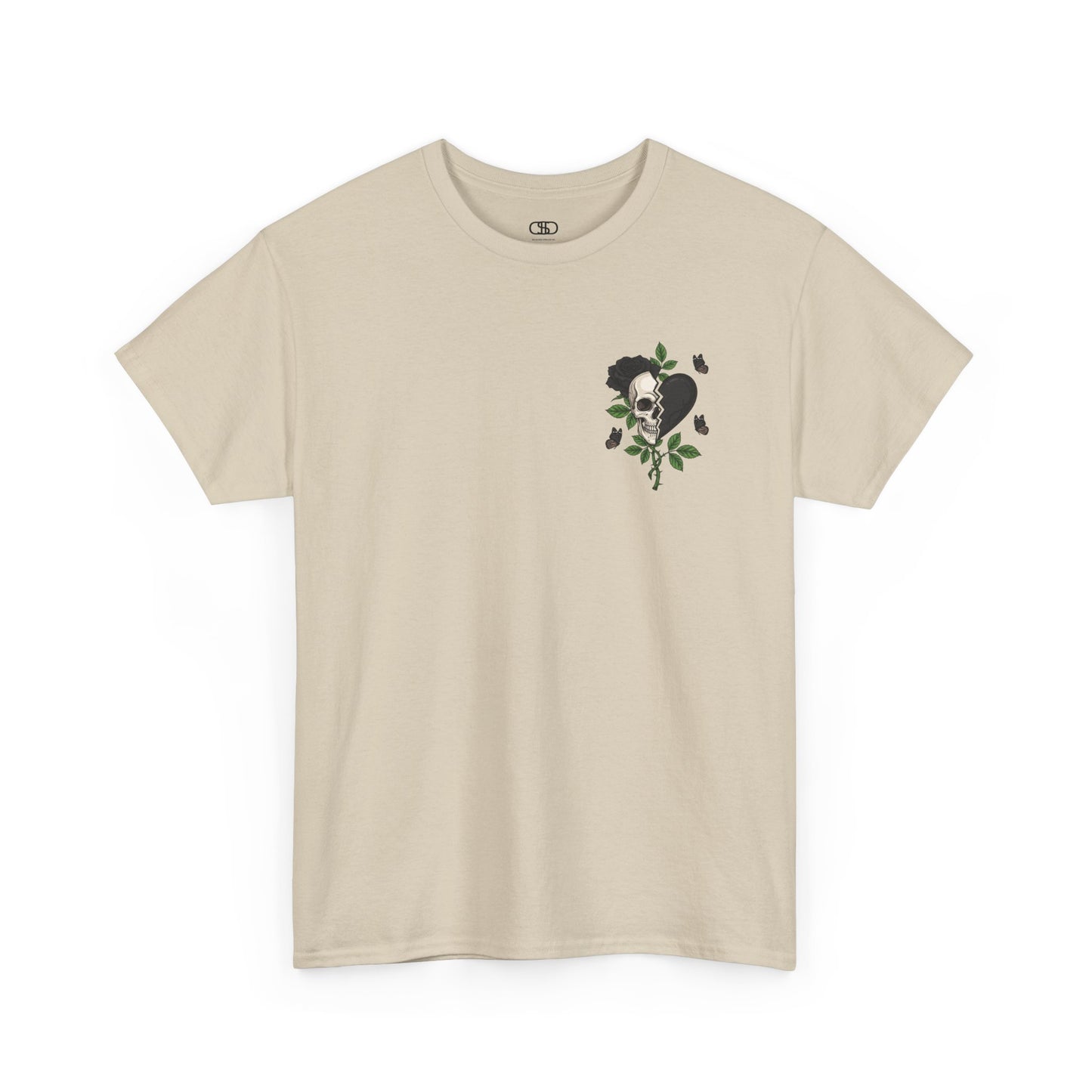 A sand t-shirt with a front design of a half skull, half broken heart, and a rose. The back reads "Gym Heals" in black.