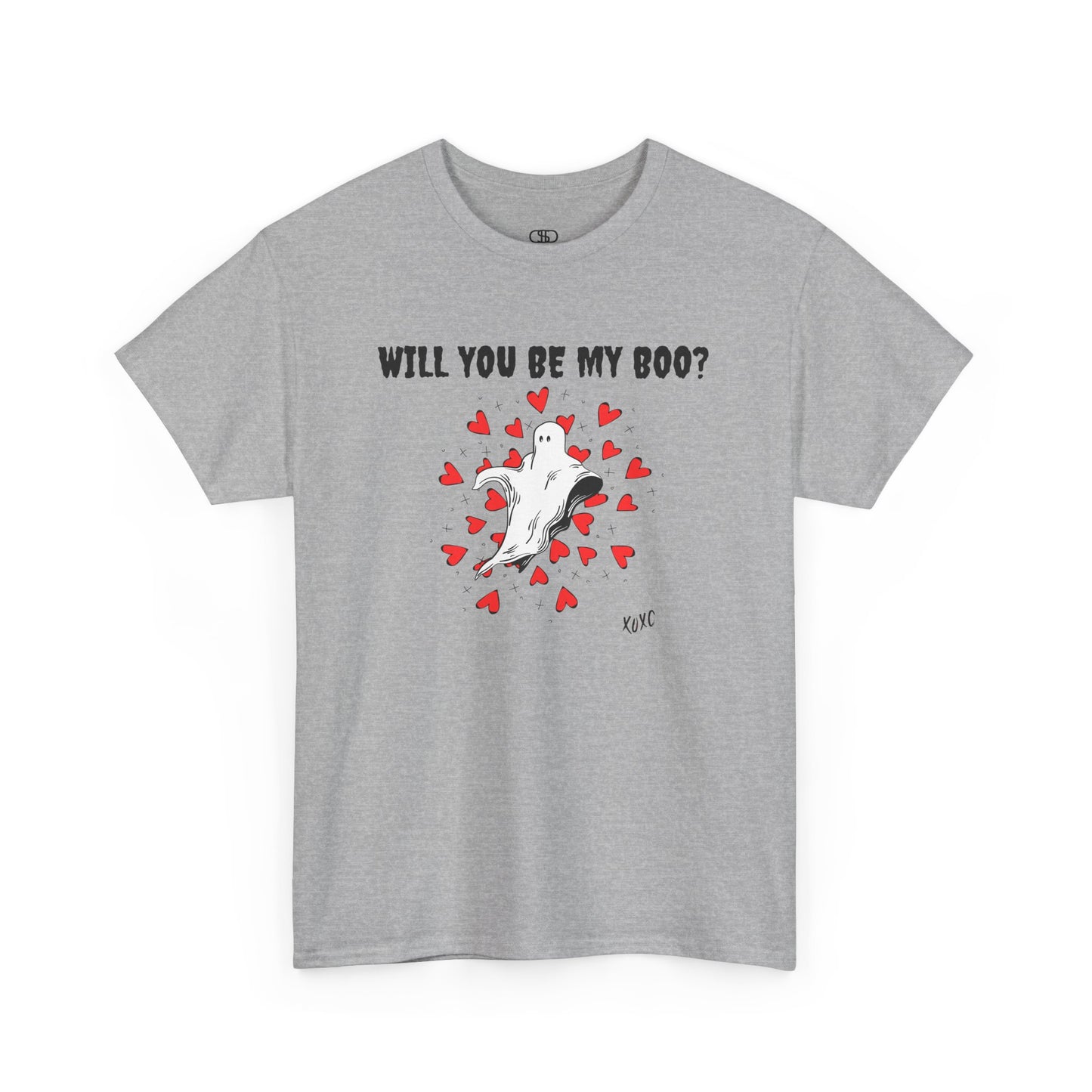A t-shirt featuring a cute floating ghost surrounded by bursting hearts. At the top of the design, the text reads, "Will You Be my Boo?"