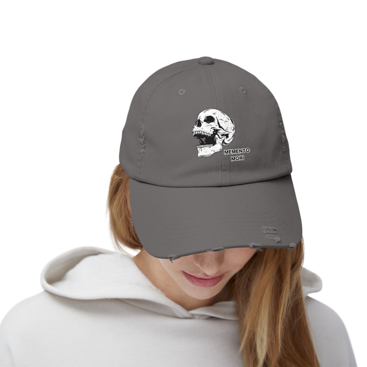 Memento Mori Distressed Hat – Skull Embroidered Cap with Gothic Flair