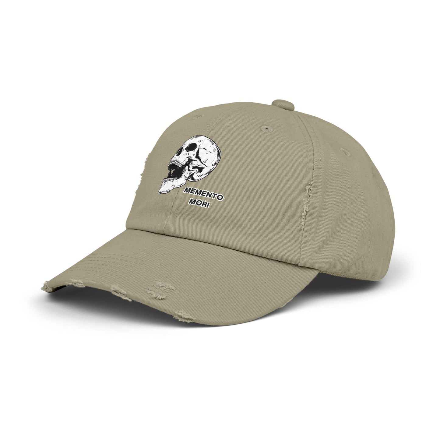 Memento Mori Distressed Hat – Skull Embroidered Cap with Gothic Flair