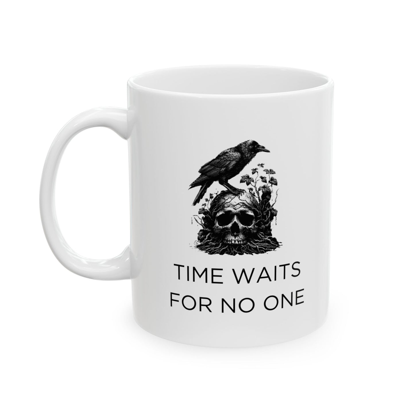 A coffee mug with a gothic design of a crow standing on a human skull. Overgrown vines and plants surround the scene, with the words “Time Waits for No One” printed below.