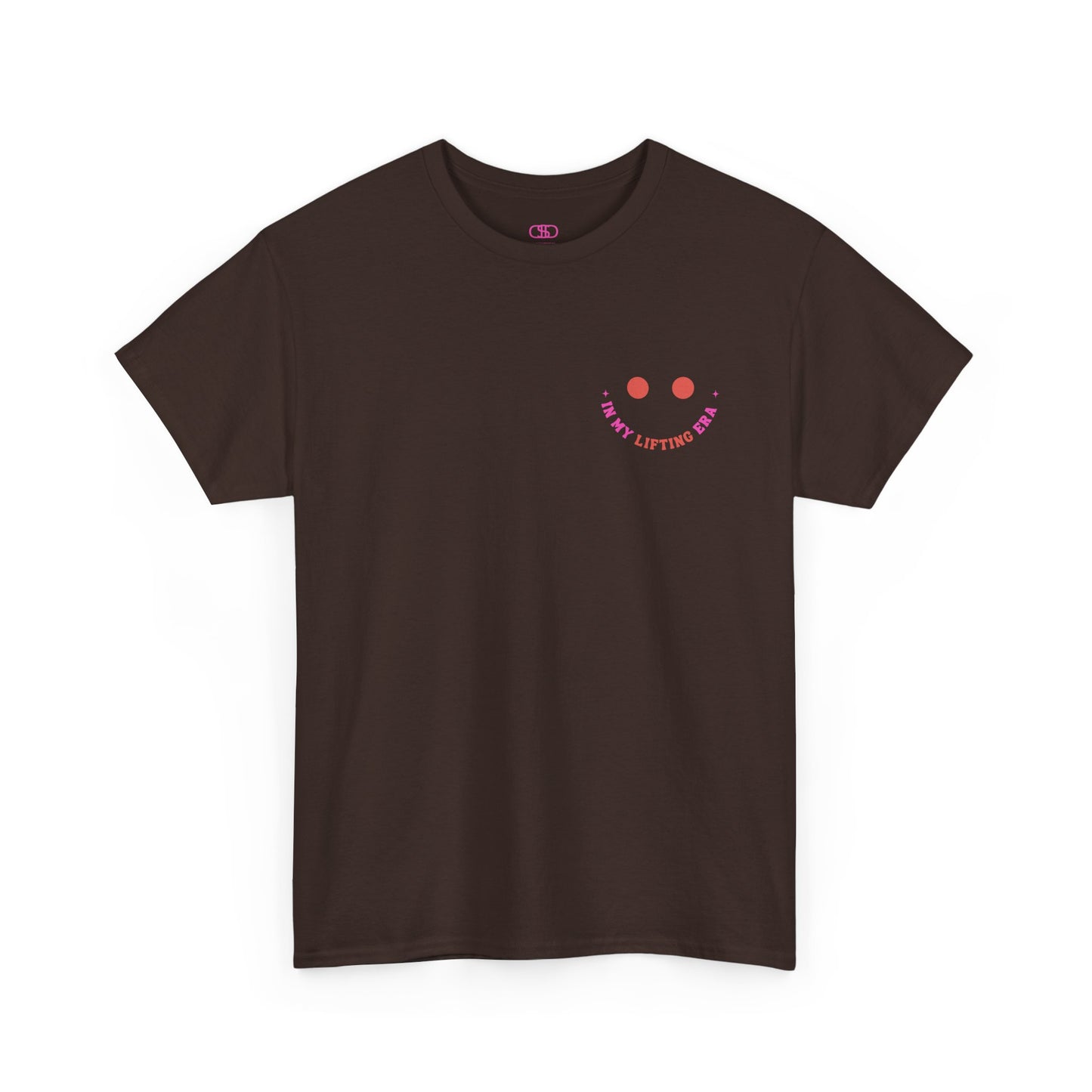 A t-shirt with a retro smiley face on the front and the phrase “In my lifting Era” in a creative retro design on the back.