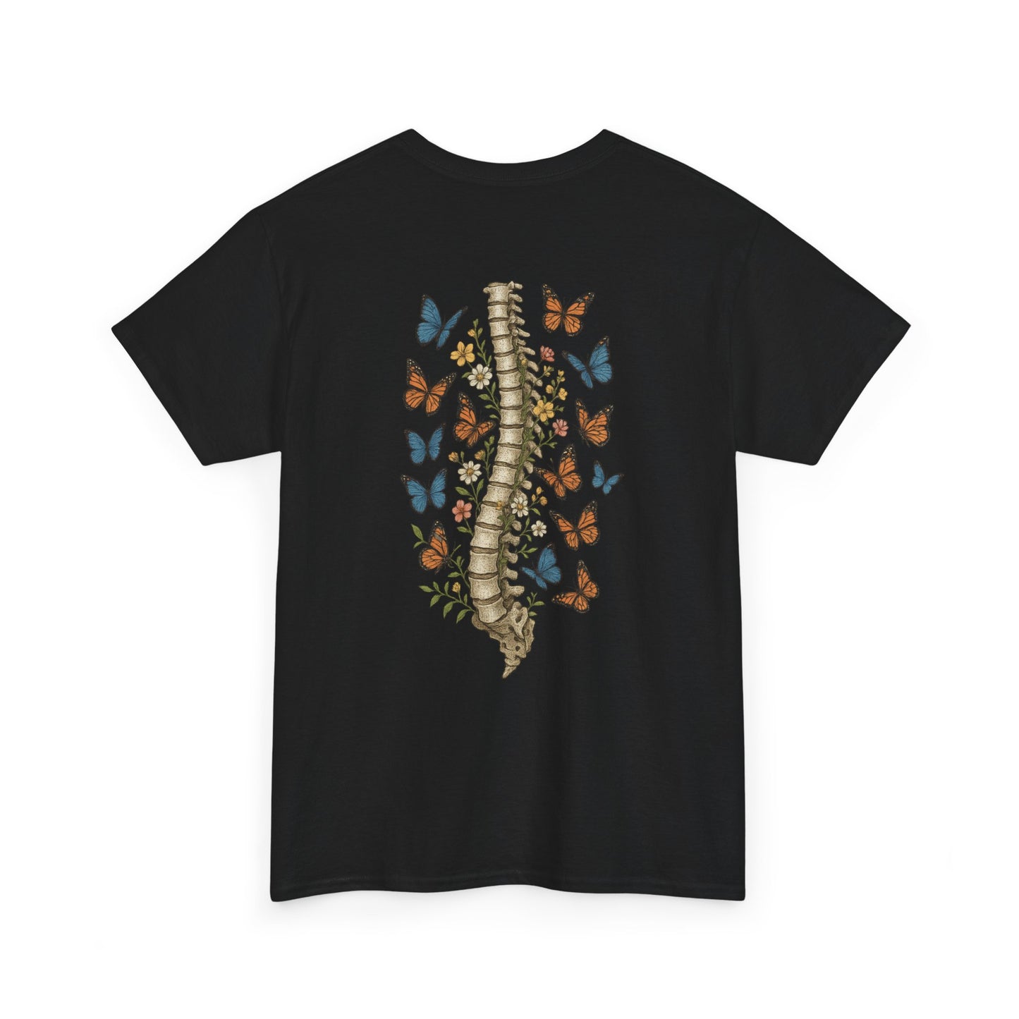 A black t-shirt with "Grow Through It" and a butterfly on the front and a design of a spine with vines, flowers, and butterflies on the back.