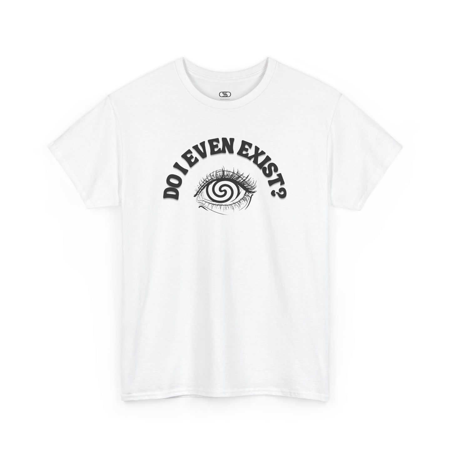 T-shirt with an eyeball and a mind-bending optical illusion and the text "Do I even exist?"