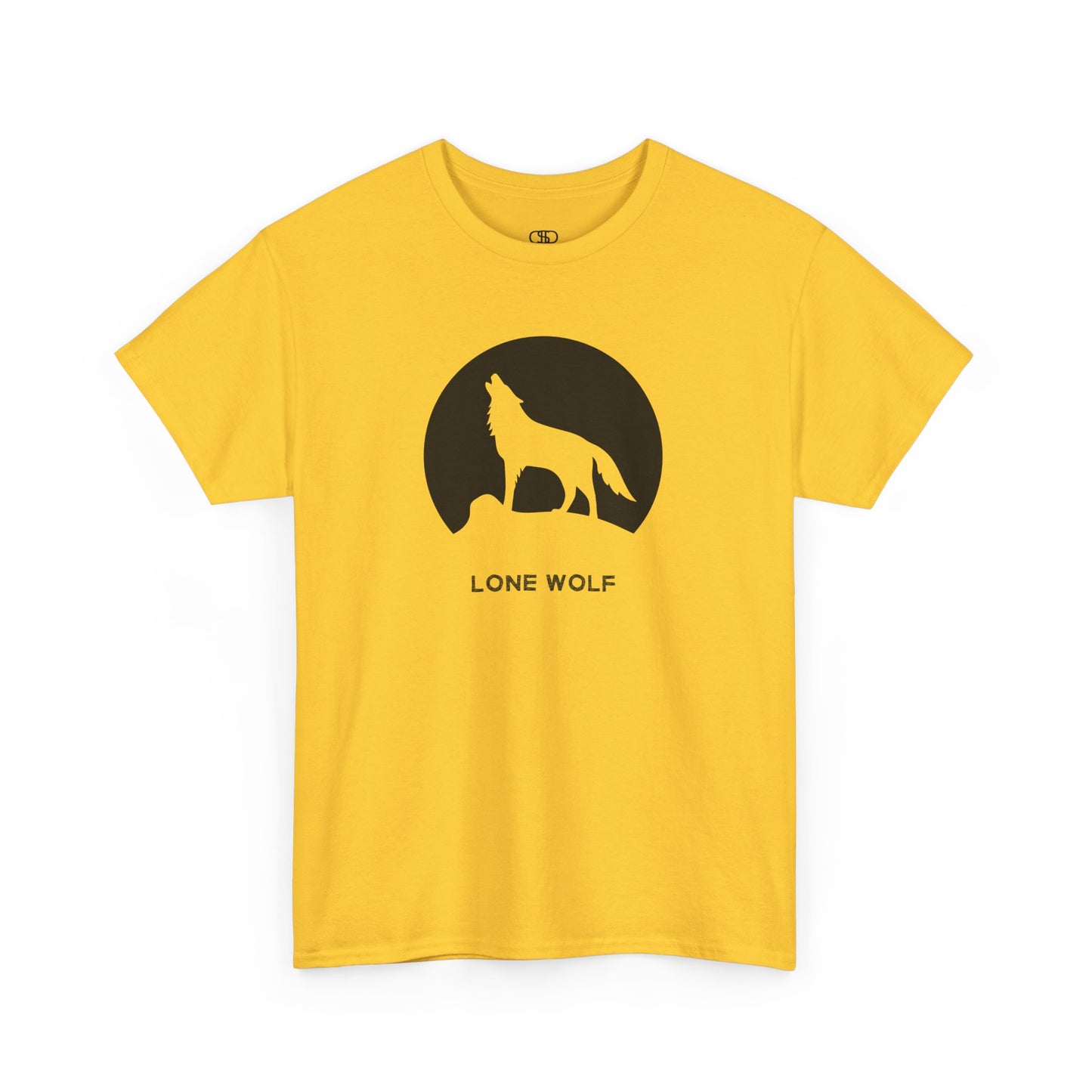 Graphic t-shirt with a black silhouette of a wolf howling on a mountain peak, with the words 'lone wolf' underneath.