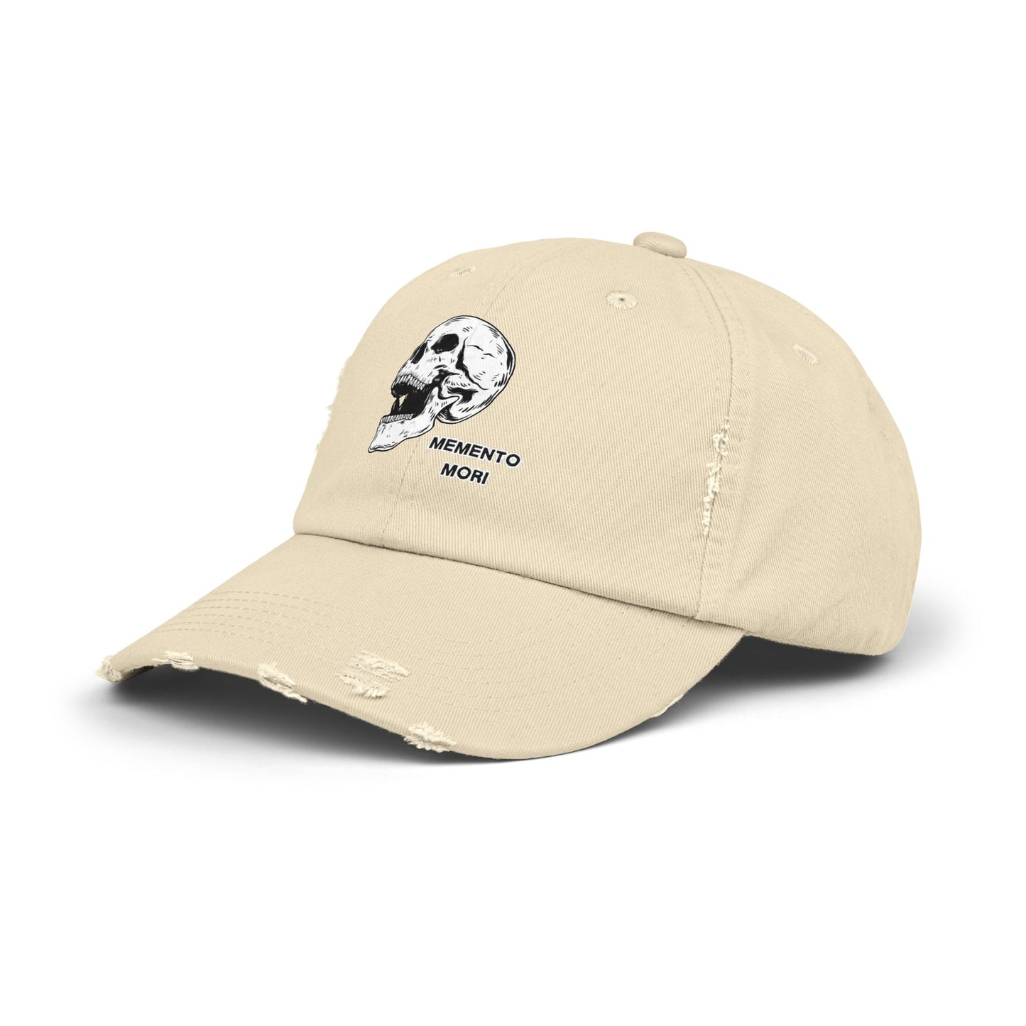 Memento Mori Distressed Hat – Skull Embroidered Cap with Gothic Flair
