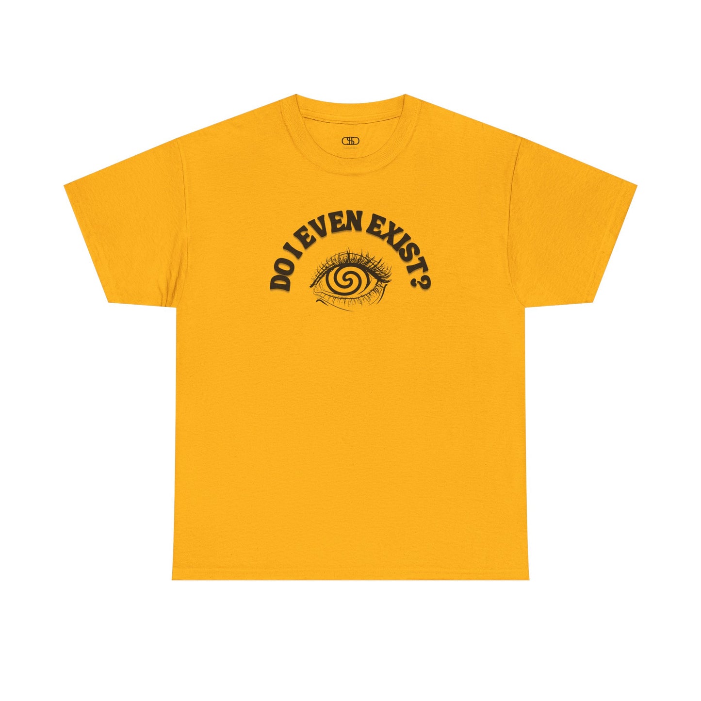 Orange T-shirt with an eyeball and a mind-bending optical illusion and the text "Do I even exist?"