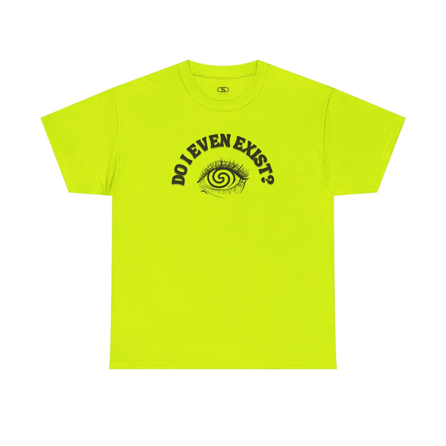 Safety Green T-shirt with an eyeball and a mind-bending optical illusion and the text "Do I even exist?"