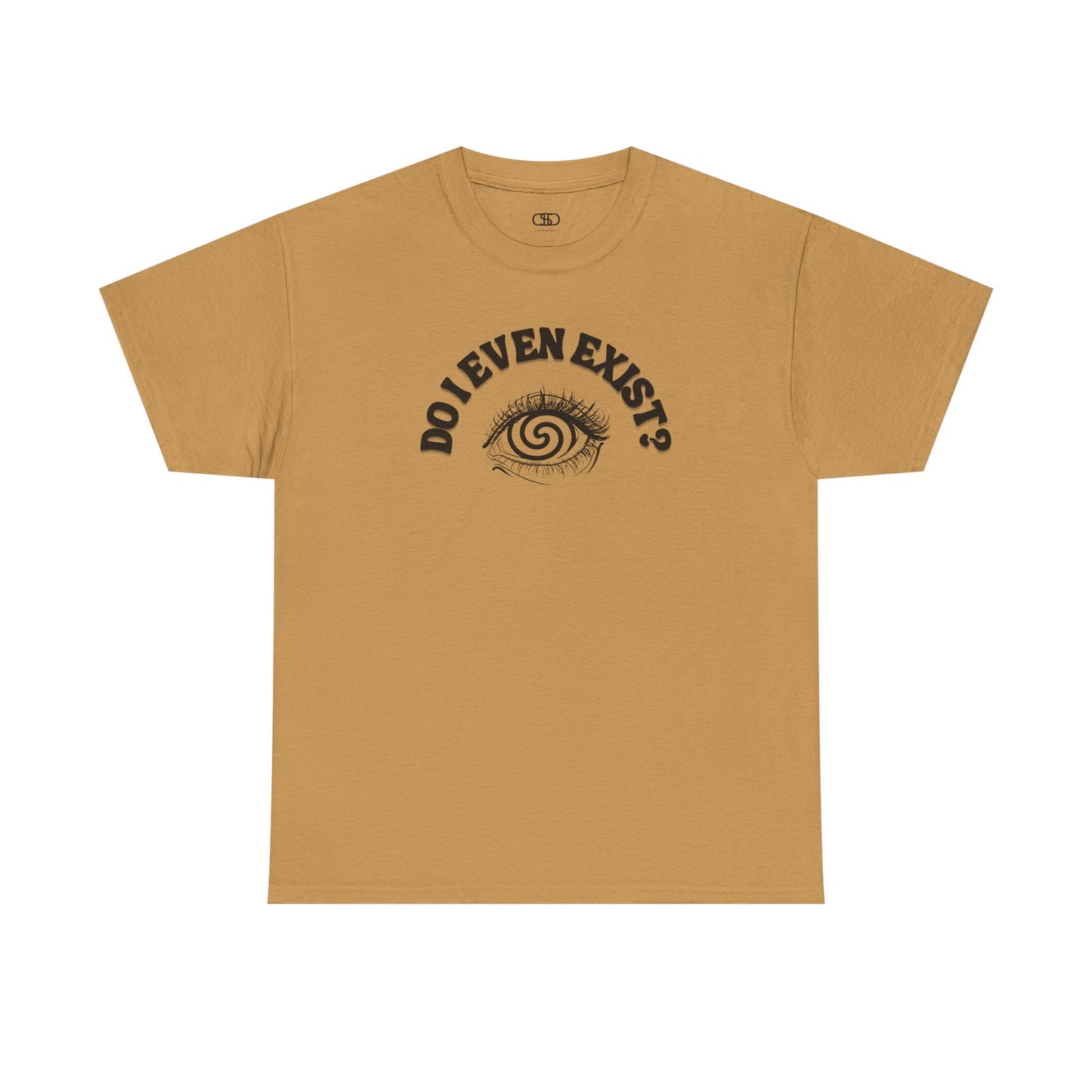 Dark Brown T-shirt with an eyeball and a mind-bending optical illusion and the text "Do I even exist?"