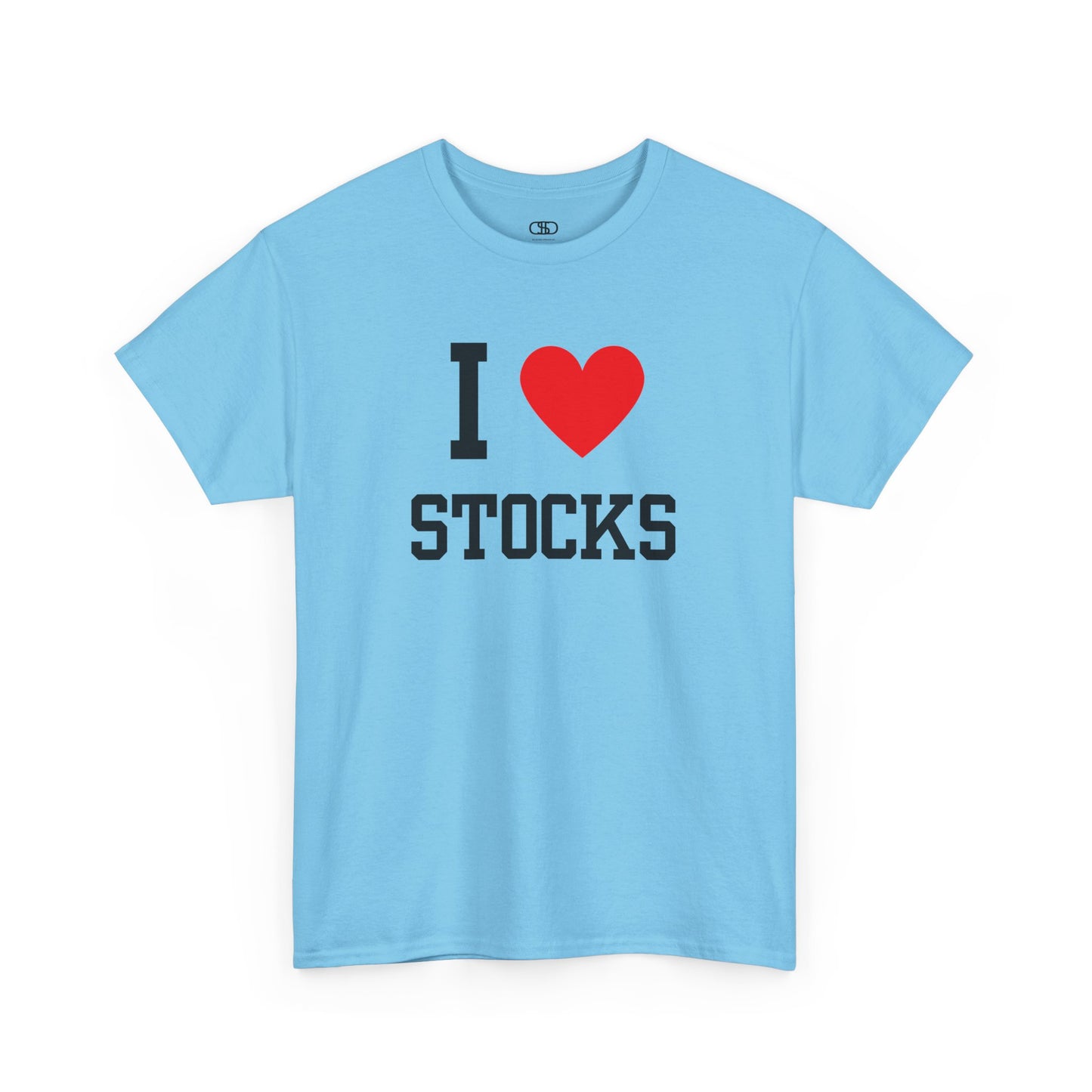 A sky blue colored t-shirt displaying the text "I," a red heart graphic symbolizing love, and the word "Stocks" in a classic, bold typeface.