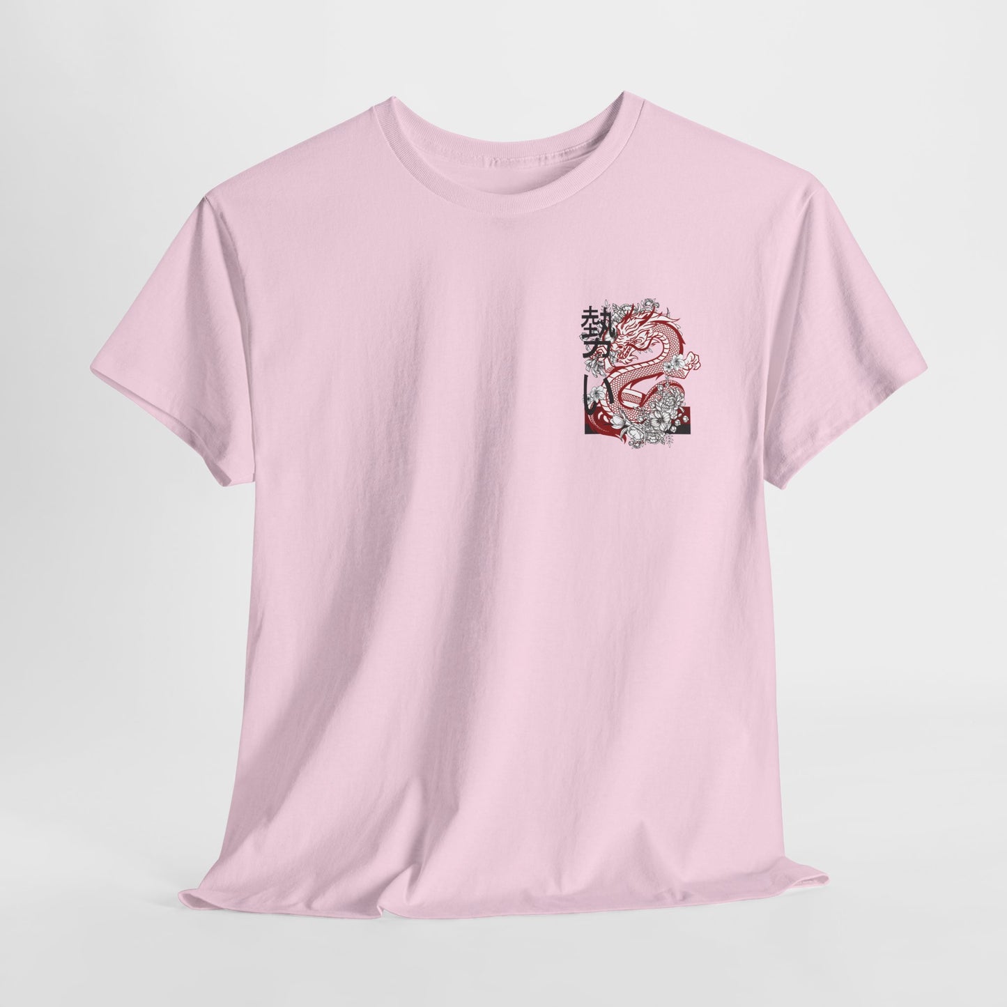 Front of a t-shirt featuring a fierce, stylized dragon in red, black, and white on the left chest area.