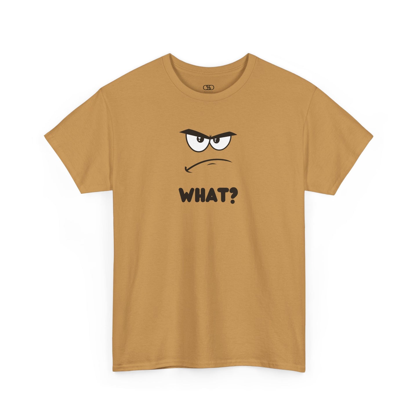 A t-shirt with a minimalist, faceless cartoon character showing an angry and confused expression. Below the character is the word 'WHAT?' in a bold font.