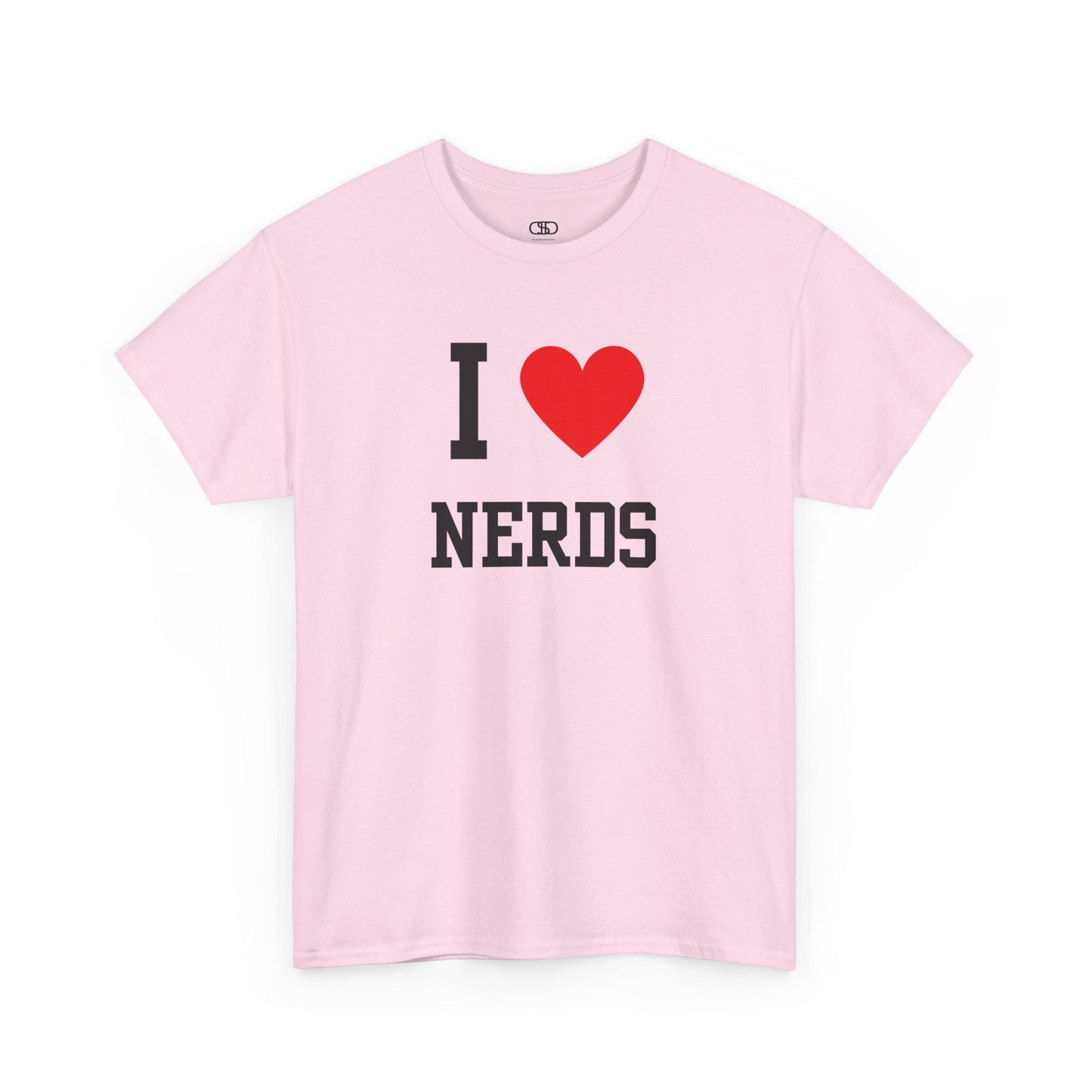 Pink t-shirt with 'I ❤️ NERDS' text on a white background