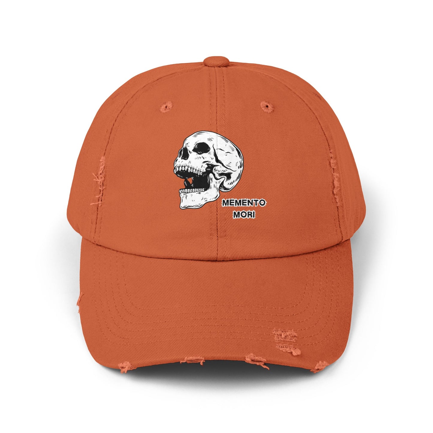 Memento Mori Distressed Hat – Skull Embroidered Cap with Gothic Flair
