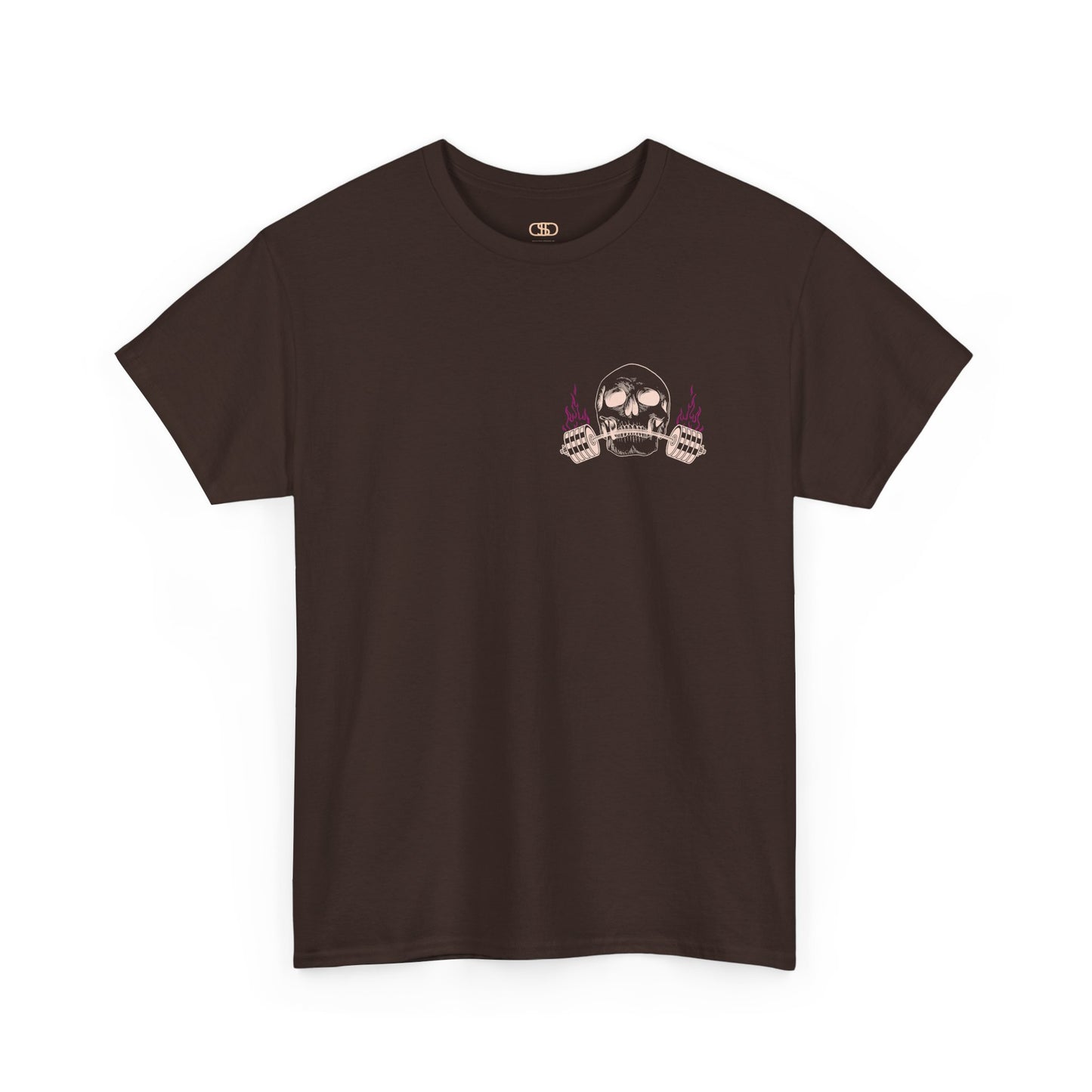 A dark brown t-shirt with a skull lifting a barbell on the front and the words “Gym Therapy In Session” with the same skull on the back.