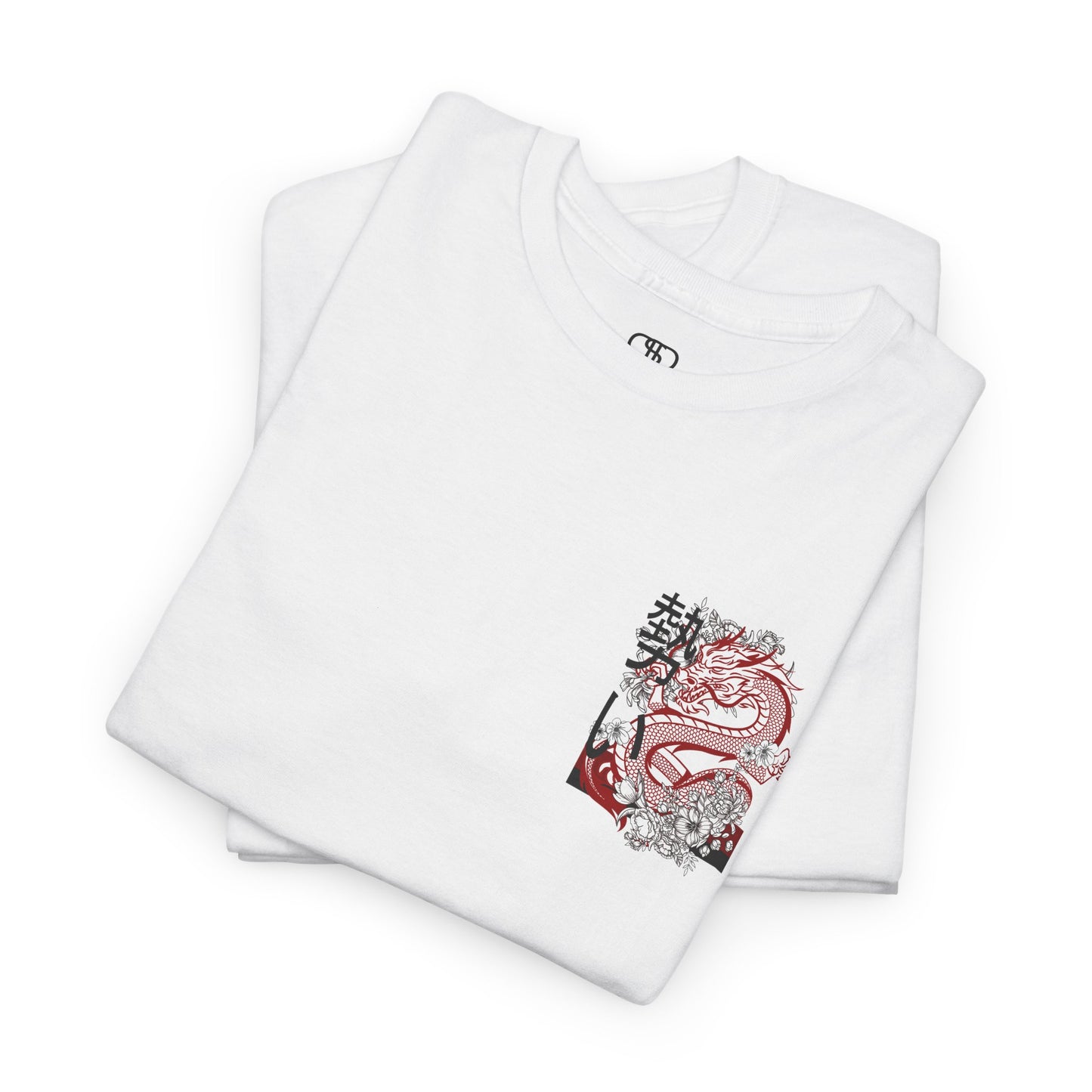 Front of a t-shirt featuring a fierce, stylized dragon in red, black, and white on the left chest area.