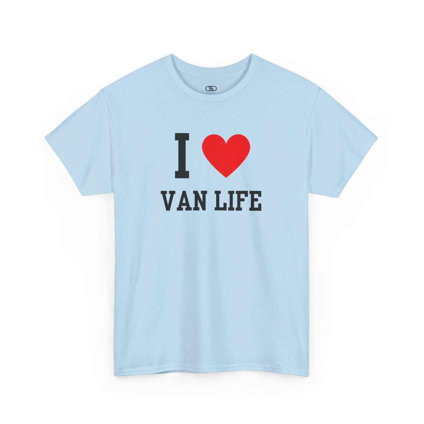 Light blue t-shirt with 'I ❤️ VAN LIFE' text on a white background