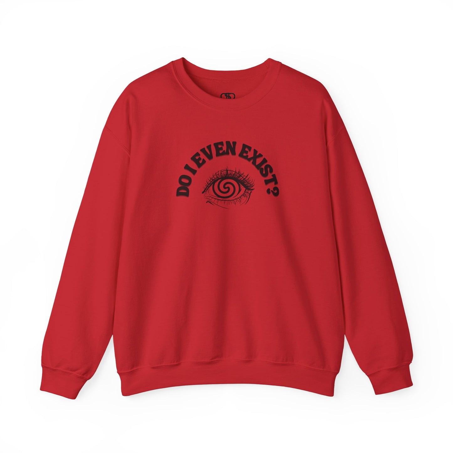 A sweatshirt with a graphic print of a detailed, realistic eye that contains an optical illusion of a spiral. The text "Do I even Exist?" is printed above the eye in a clean font.