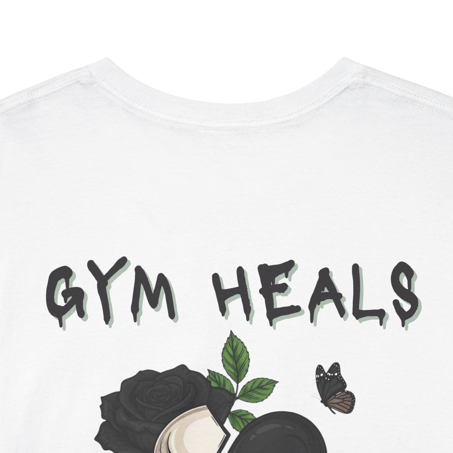 "Gym Heals" Broken Heart Skull Rose Tee in Black