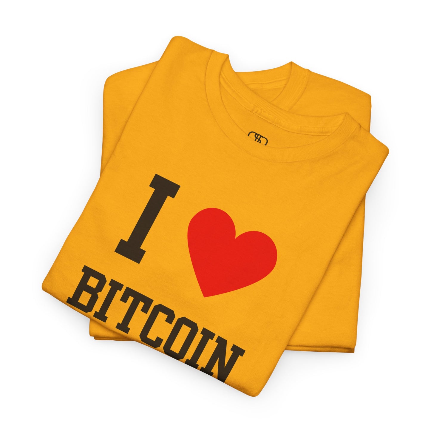 A classic folded t-shirt design showing the text "I," love ( with a heart) graphic, and the word "Bitcoin" in a bold font.