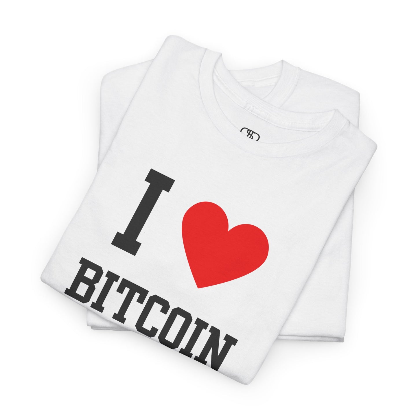 A folded classic t-shirt design showing the text "I," love ( with a heart) graphic, and the word "Bitcoin" in a bold font.