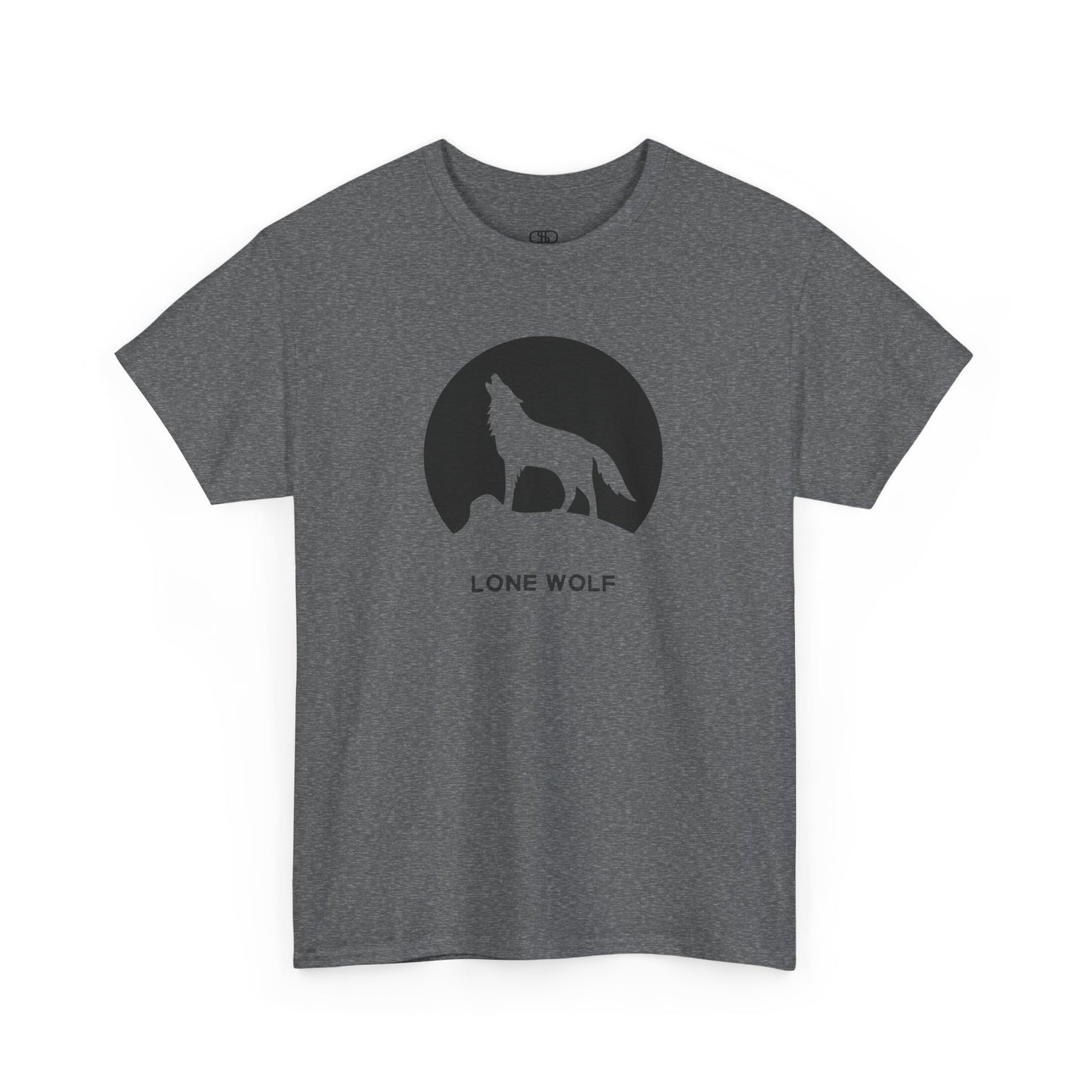 Graphic t-shirt with a black silhouette of a wolf howling on a mountain peak, with the words 'lone wolf' underneath.