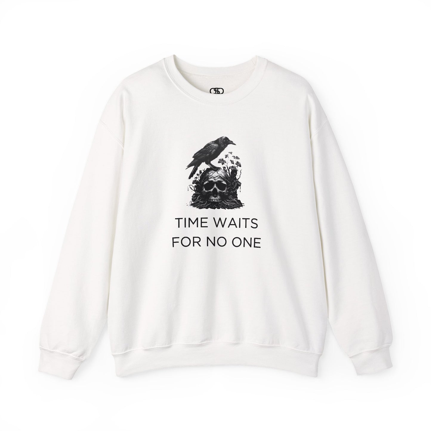 A sweatshirt featuring a detailed illustration of a crow perched on a human skull that is intertwined with overgrown vines and moss. Along with the words Time Waits For No One.