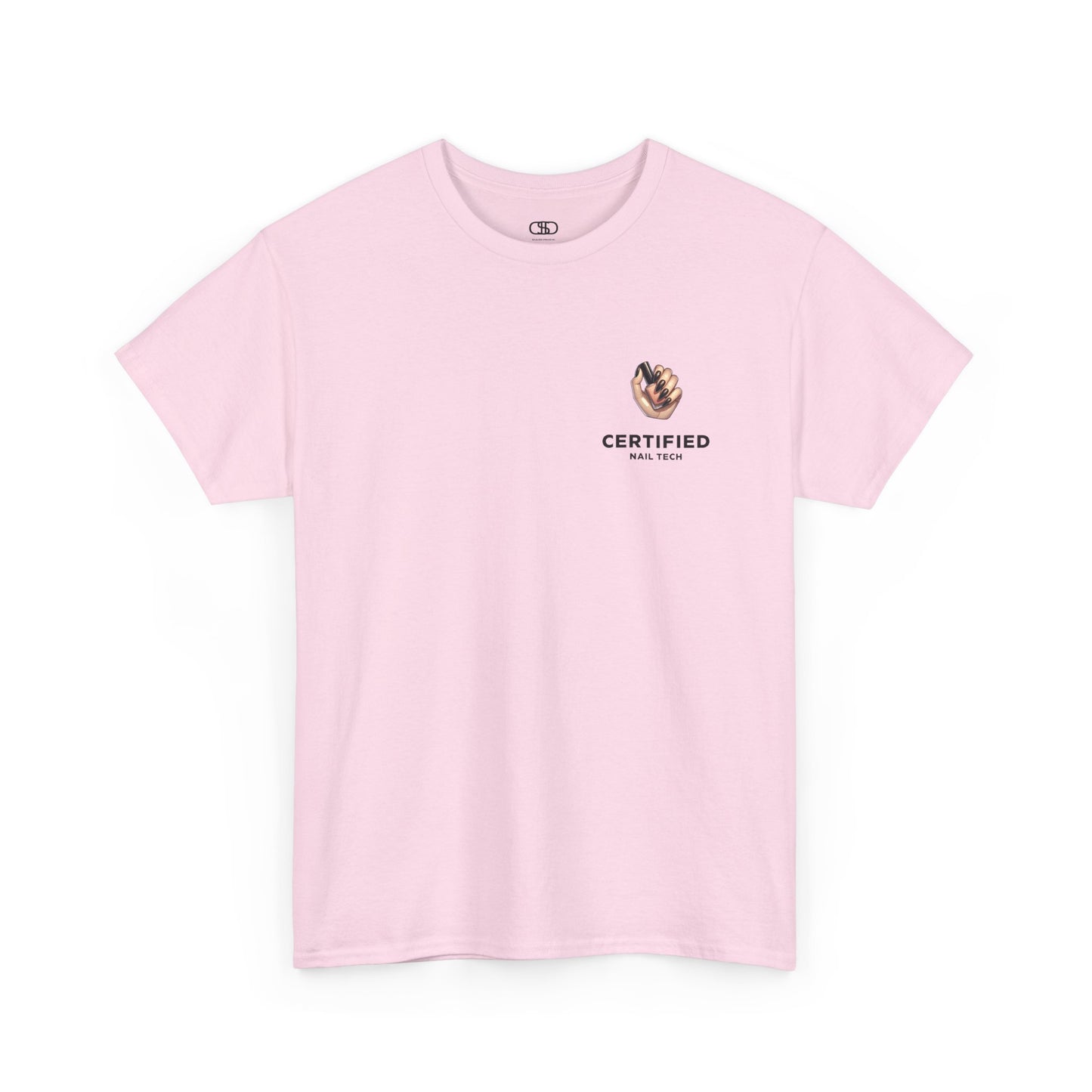 A light pink t-shirt with a hand graphic design holding nail polish with polished nails followed by the words Certified Nail Tech beneath it.