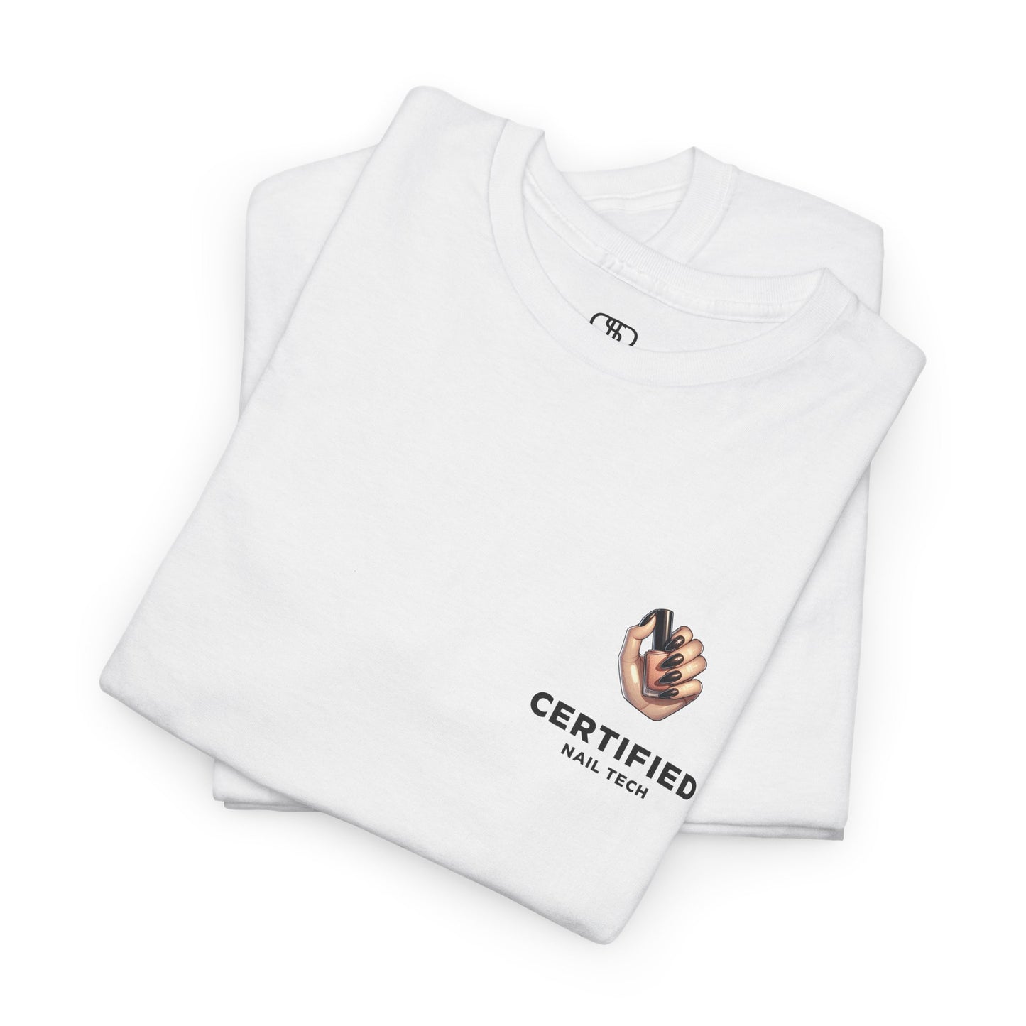 A t-shirt with a hand graphic design holding nail polish with polished nails followed by the words Certified Nail Tech beneath it.
