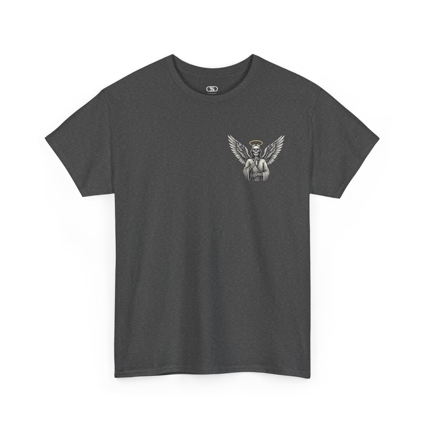 A dark heather t-shirt with a skeleton angel on the front and the phrase “Shh. No one Cares” on the back.