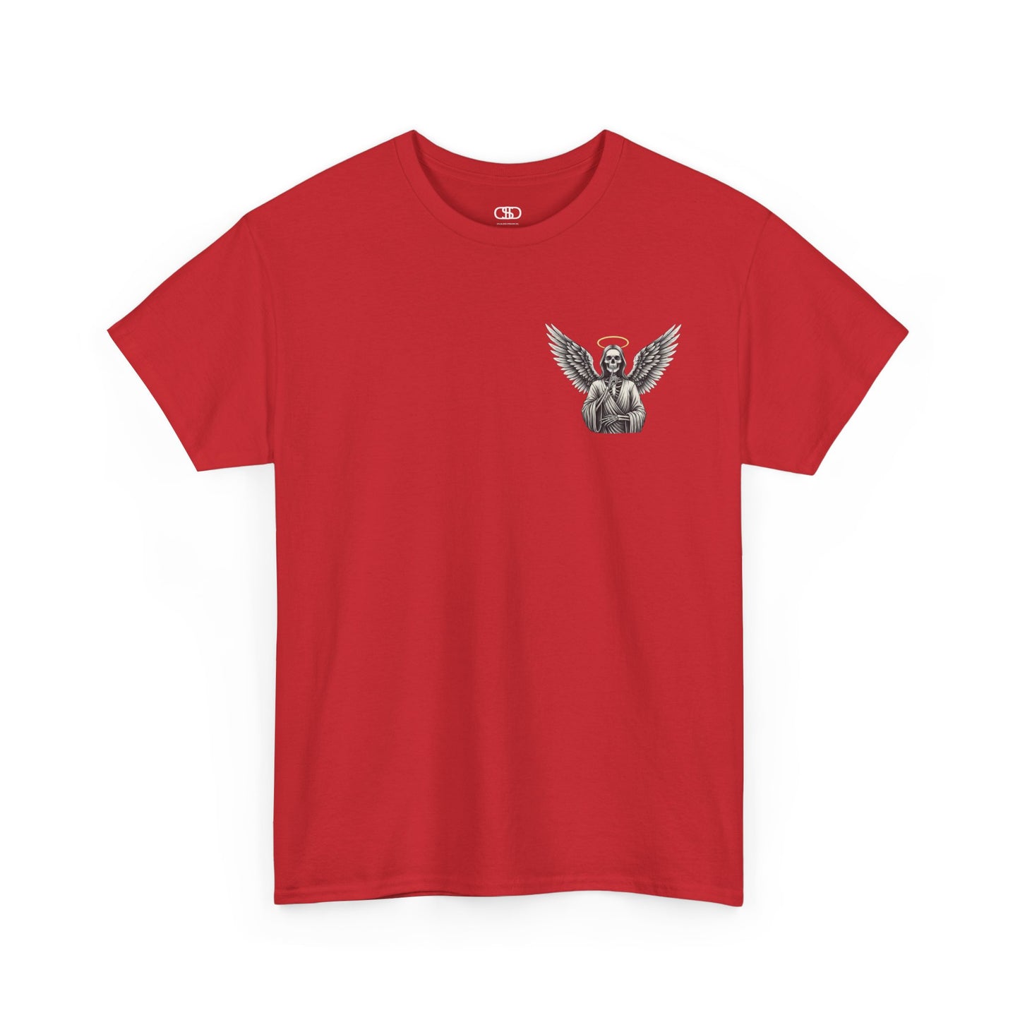 A red t-shirt with a skeleton angel on the front and the phrase “Shh. No one Cares” on the back.