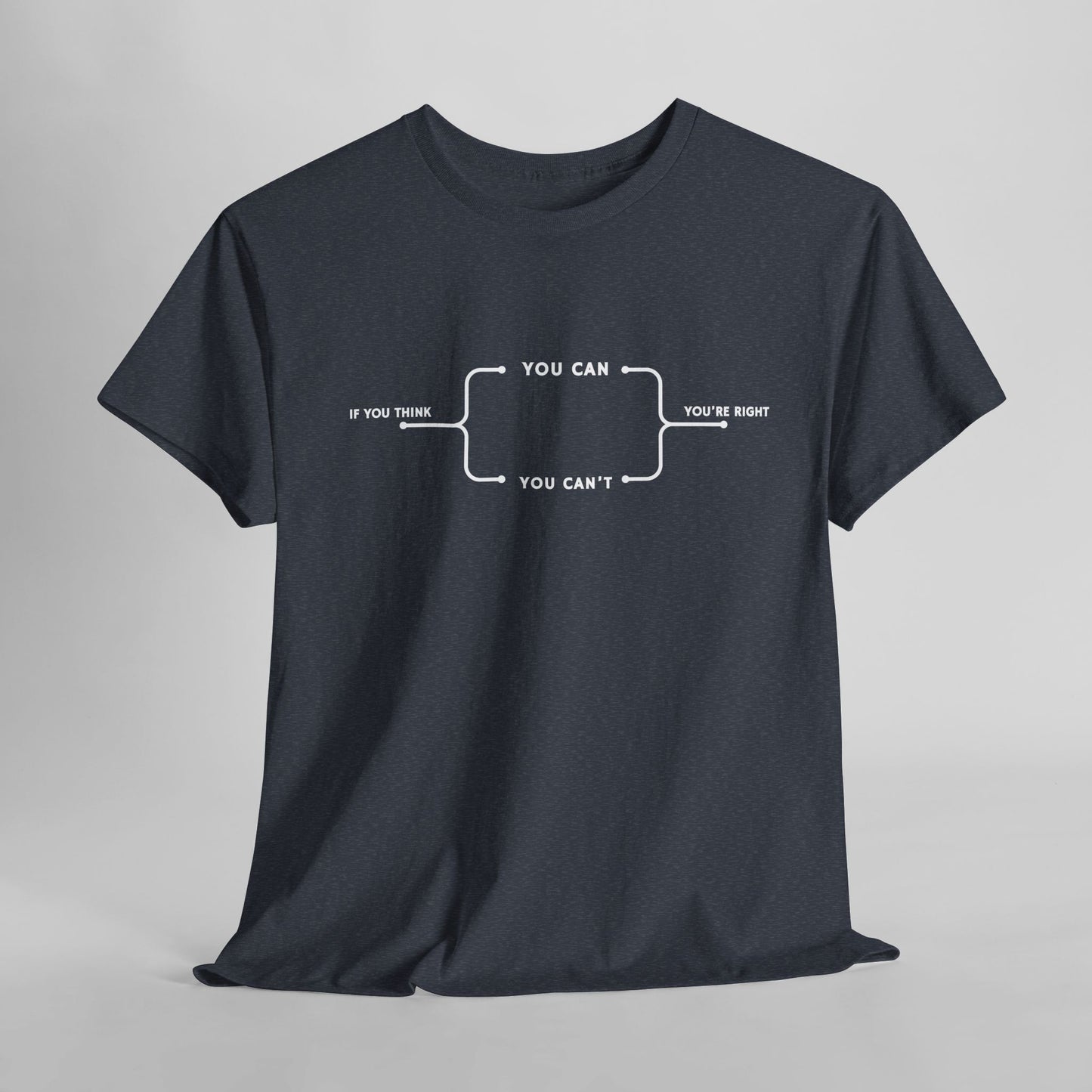 A t-shirt with a motivational flowchart design. It starts with "If you think..." which leads via arrows to two paths, "You can" and "You can't." Both paths converge at the bottom with the concluding phrase, "you are right."