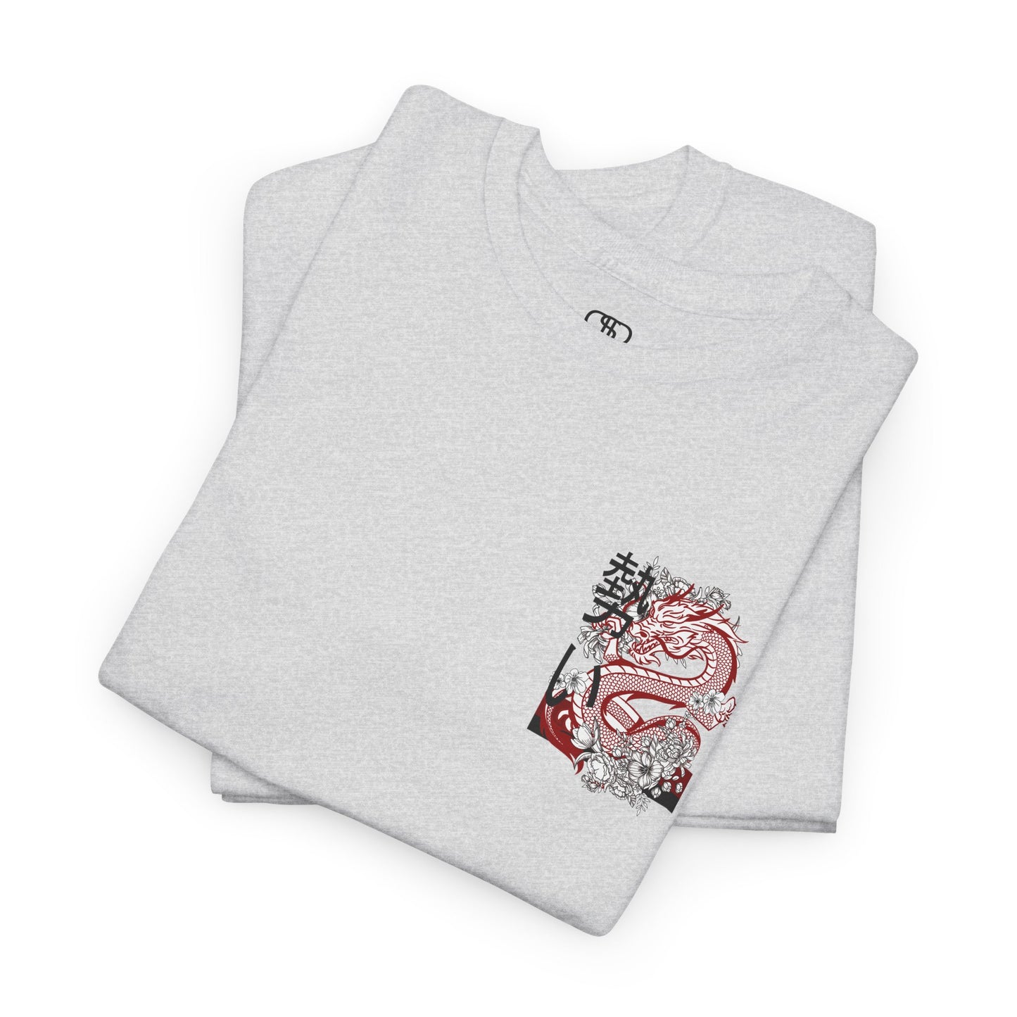 Front of a t-shirt featuring a fierce, stylized dragon in red, black, and white on the left chest area.