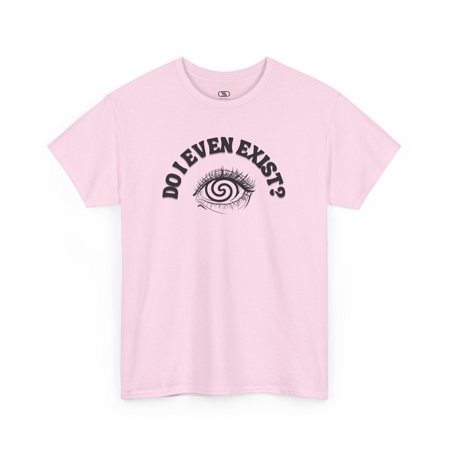 Light Pink T-shirt with an eyeball and a mind-bending optical illusion and the text "Do I even exist?"