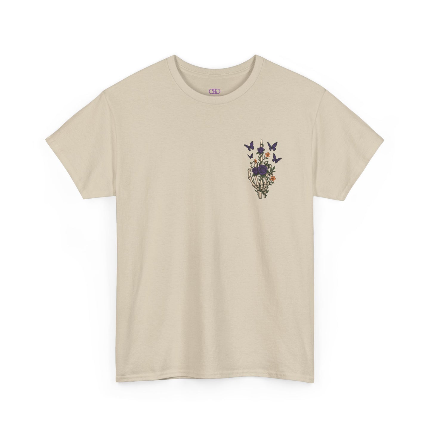 A sand t-shirt with a skeleton hand flipping its middle finger on the front surrounded by vines, roses, & butterflies, and a full skeleton design on the back with the phrase “My Last Flying Fuck.”