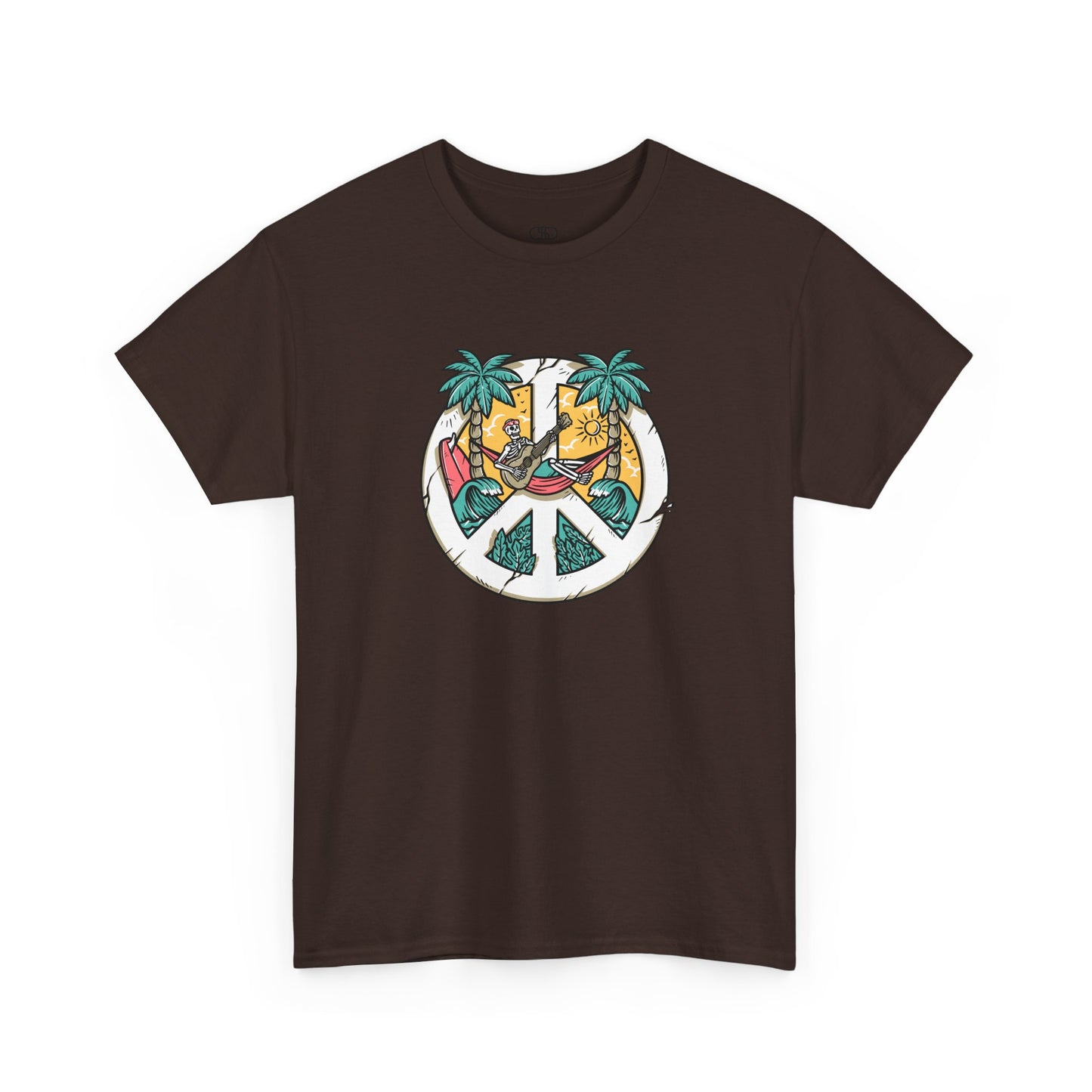 T-shirt showing a skeleton with a peace sign head, lying in a hammock playing a guitar between two palm trees with waves in the background.