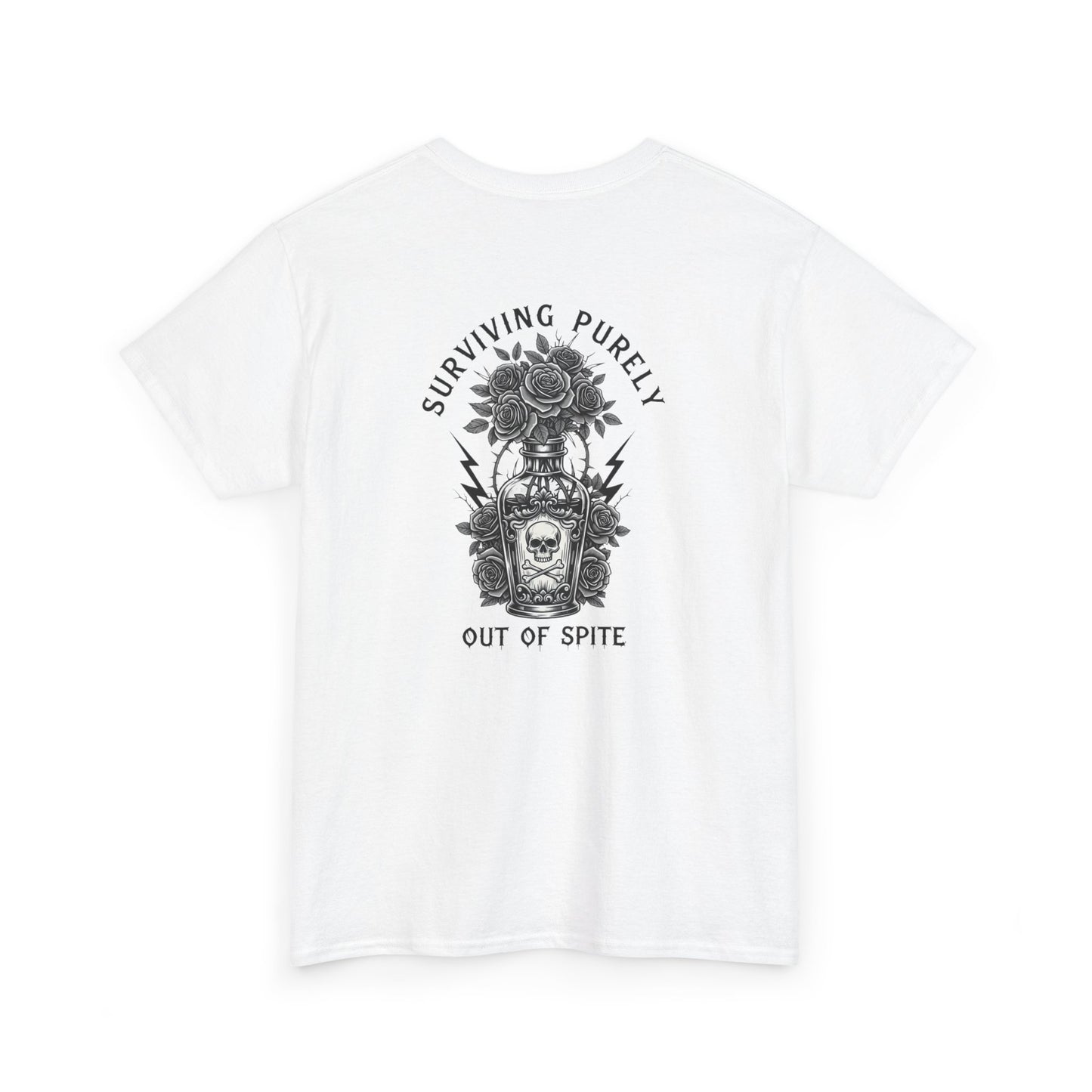 A white t-shirt with a skull and crossbones vase filled with roses and the words “Surviving Purely Out of Spite” in a gothic font.