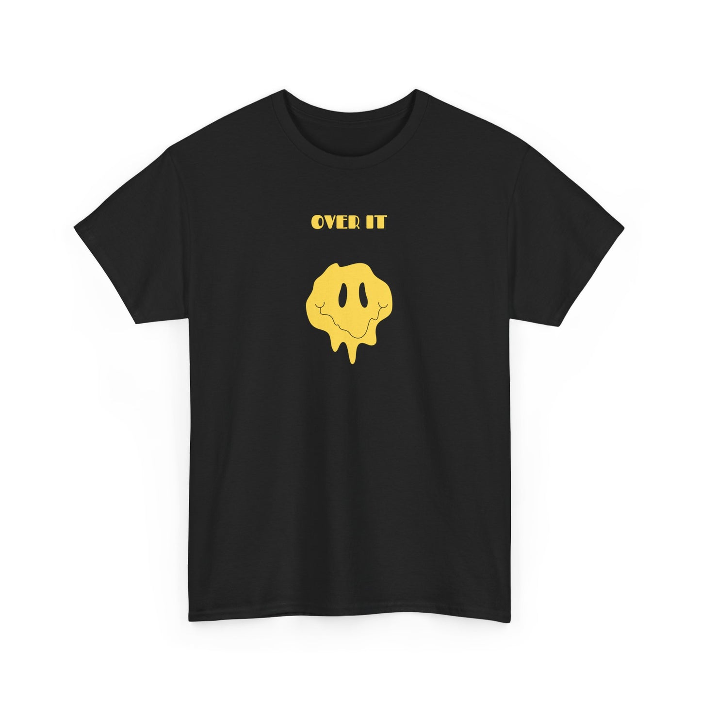 A t-shirt with a graphic of a yellow smiley face emoji melting into a puddle, with the words "Over It" printed below in a bold font.