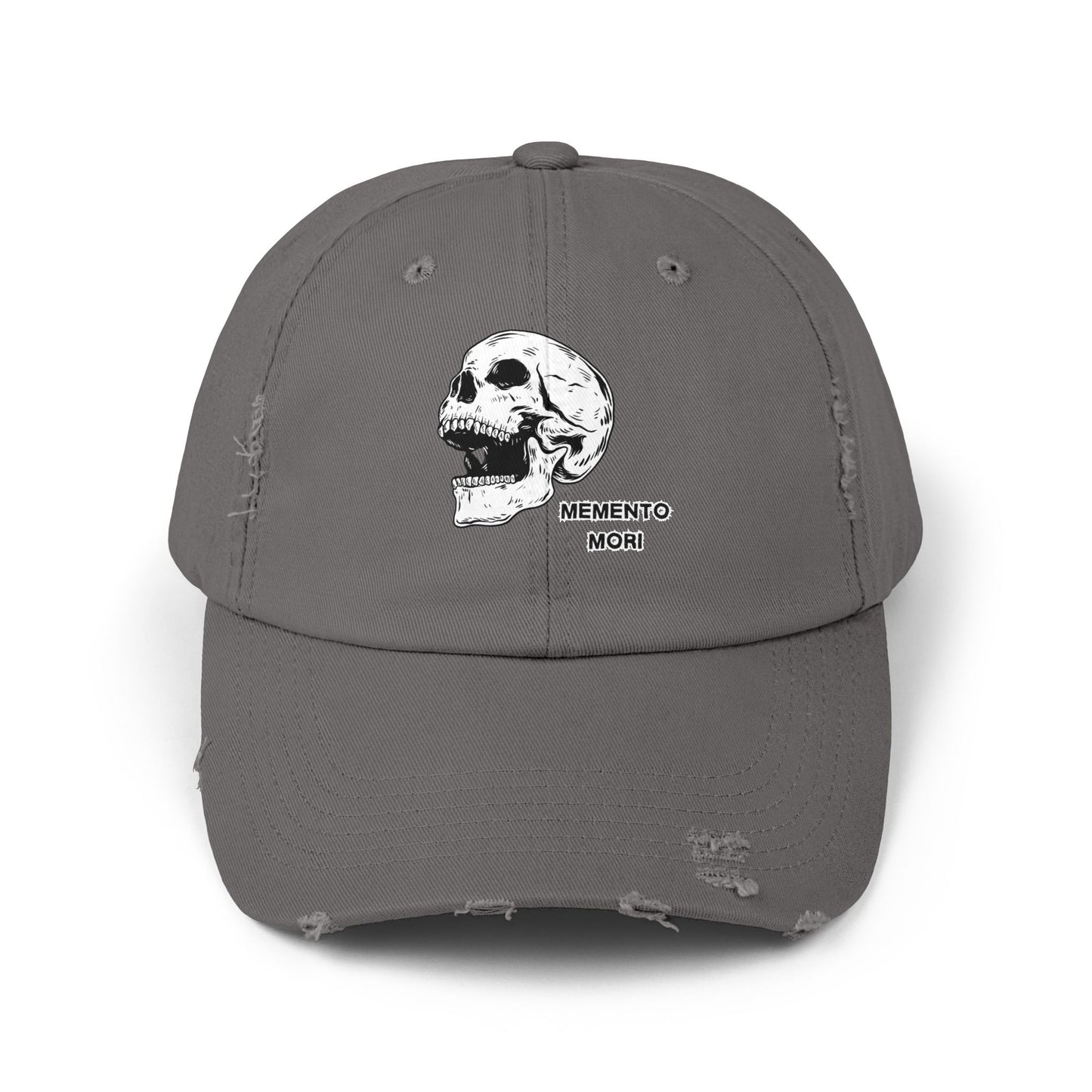 Memento Mori Distressed Hat – Skull Embroidered Cap with Gothic Flair