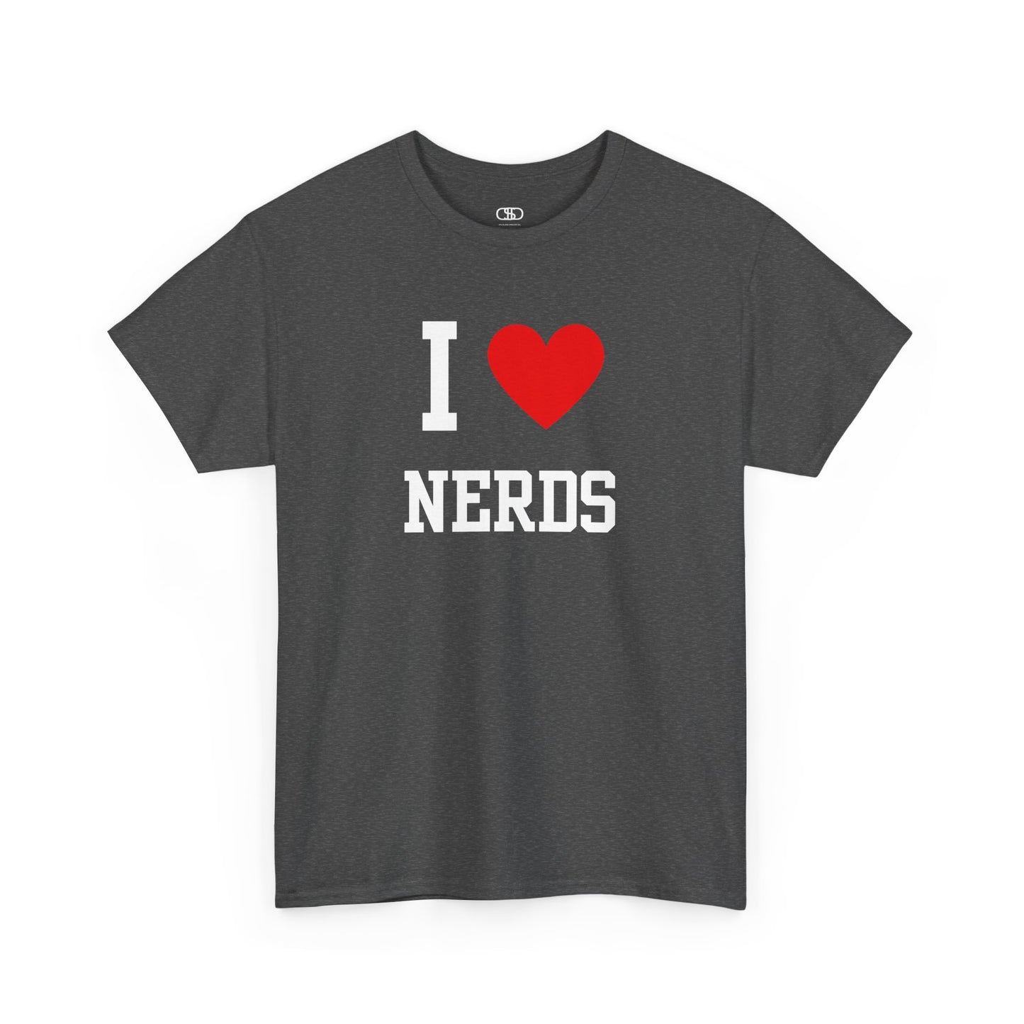 Gray t-shirt with 'I ❤️ NERDS' text on a white background