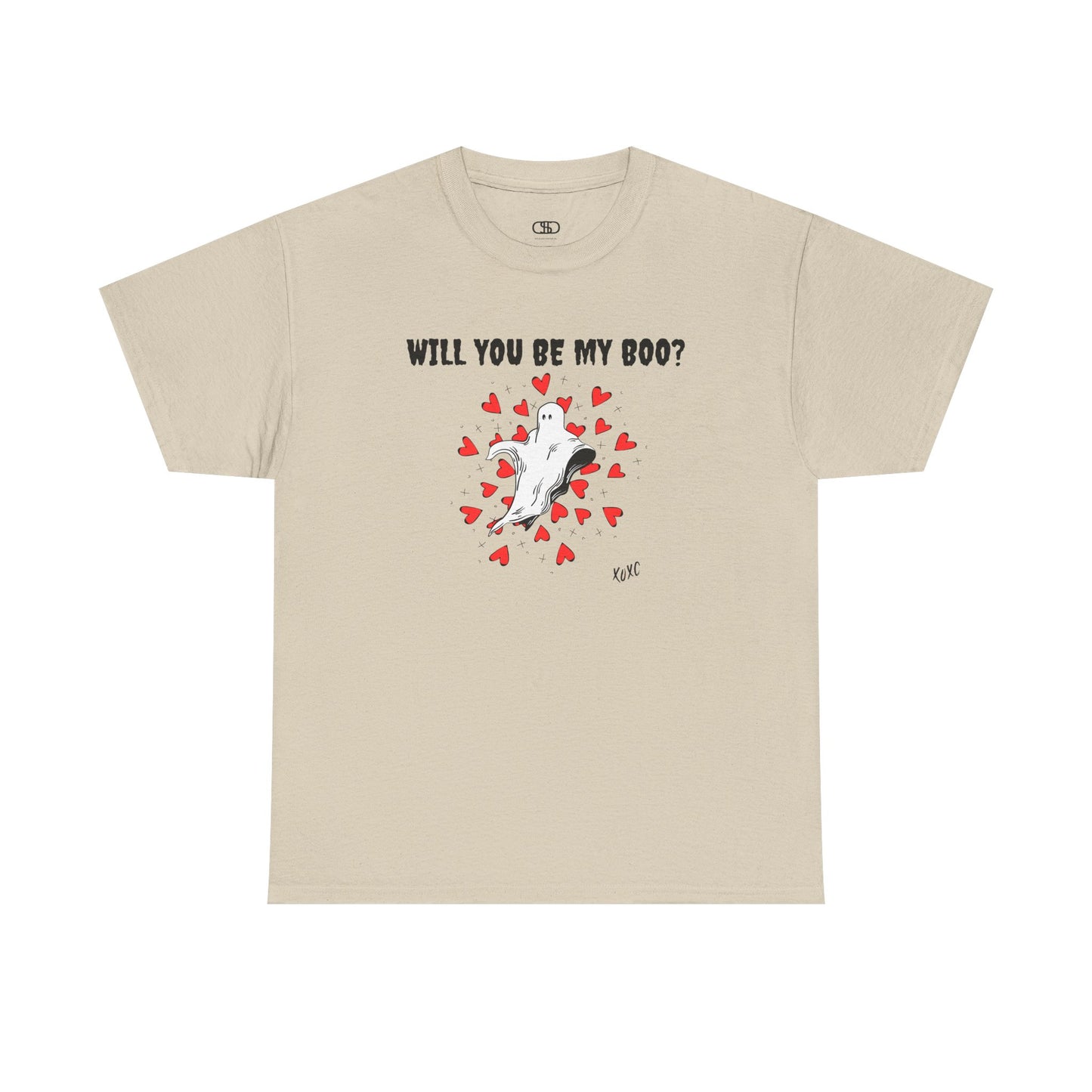 A t-shirt featuring a cute floating ghost surrounded by bursting hearts. At the top of the design, the text reads, "Will You Be my Boo?"