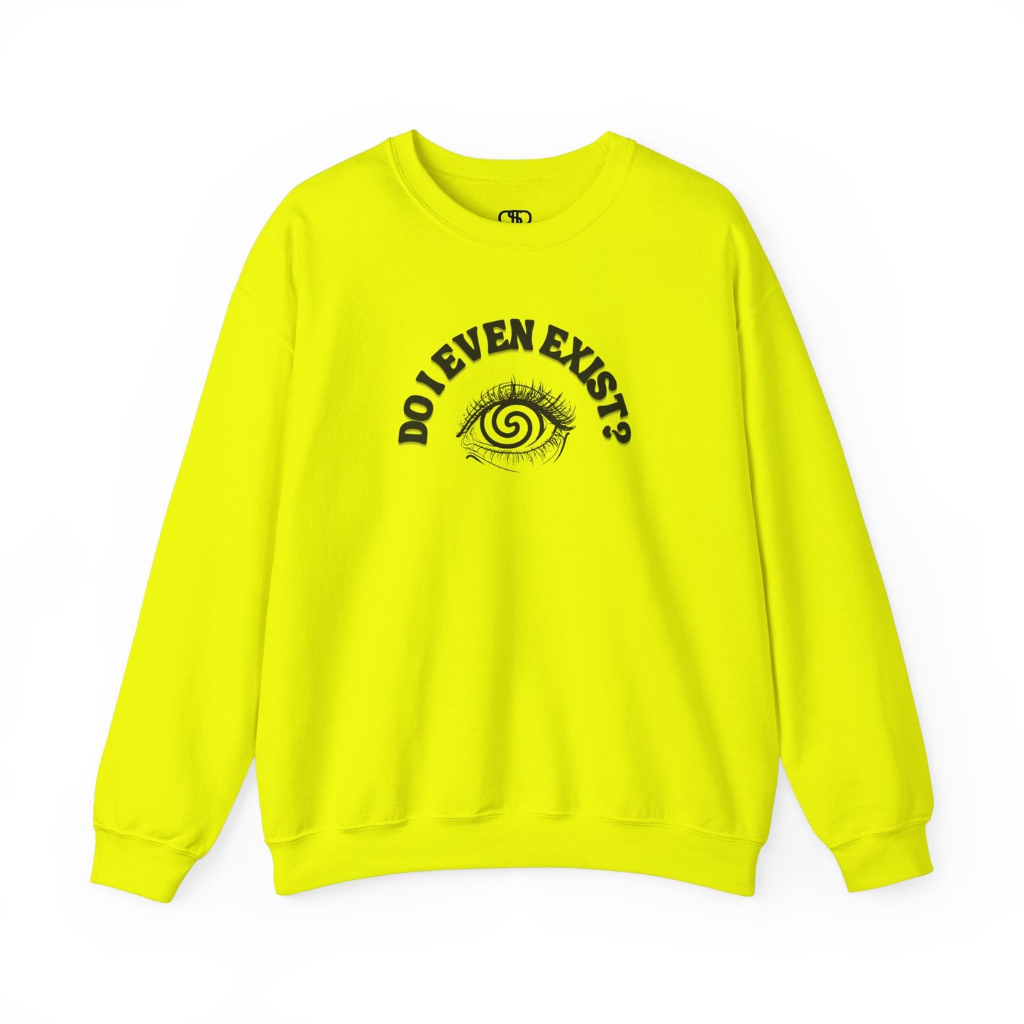 A safety green sweatshirt with a graphic print of a detailed, realistic eye that contains an optical illusion of a spiral. The text "Do I even Exist?" is printed below the eye in a clean, sans-serif font.