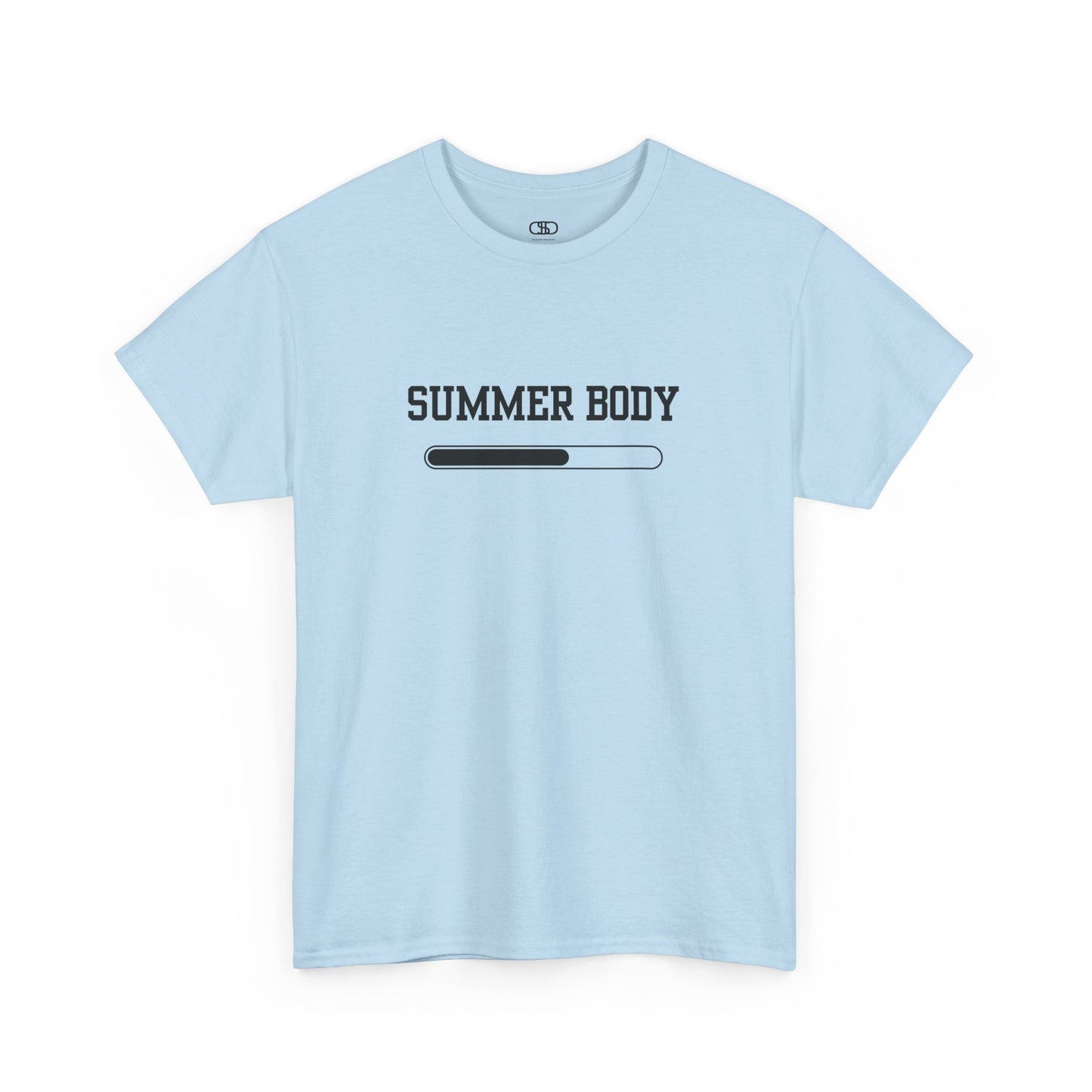 A light blue t-shirt with a loading bar and “Summer Body” on the front and “I left my summer body at home I prefer not to show off” on the back.