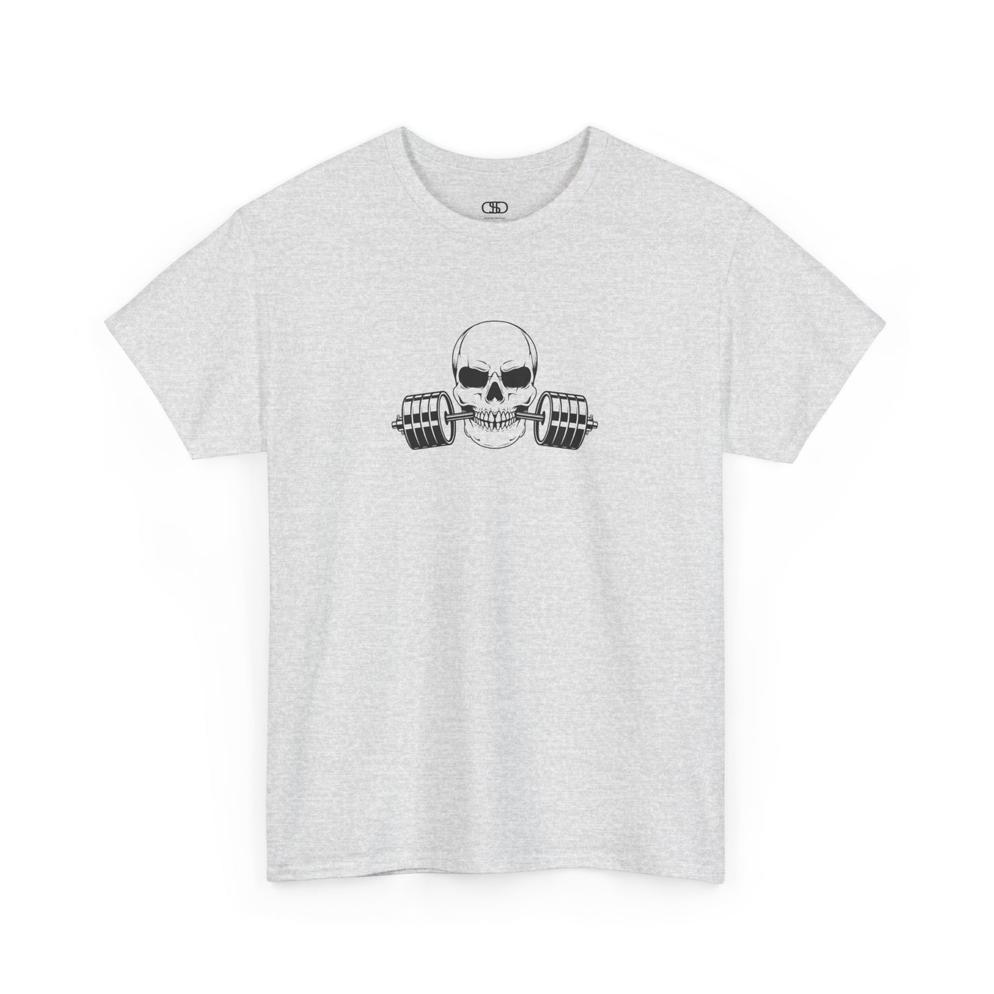 Gray t-shirt with a skull and barbell graphic on a white background